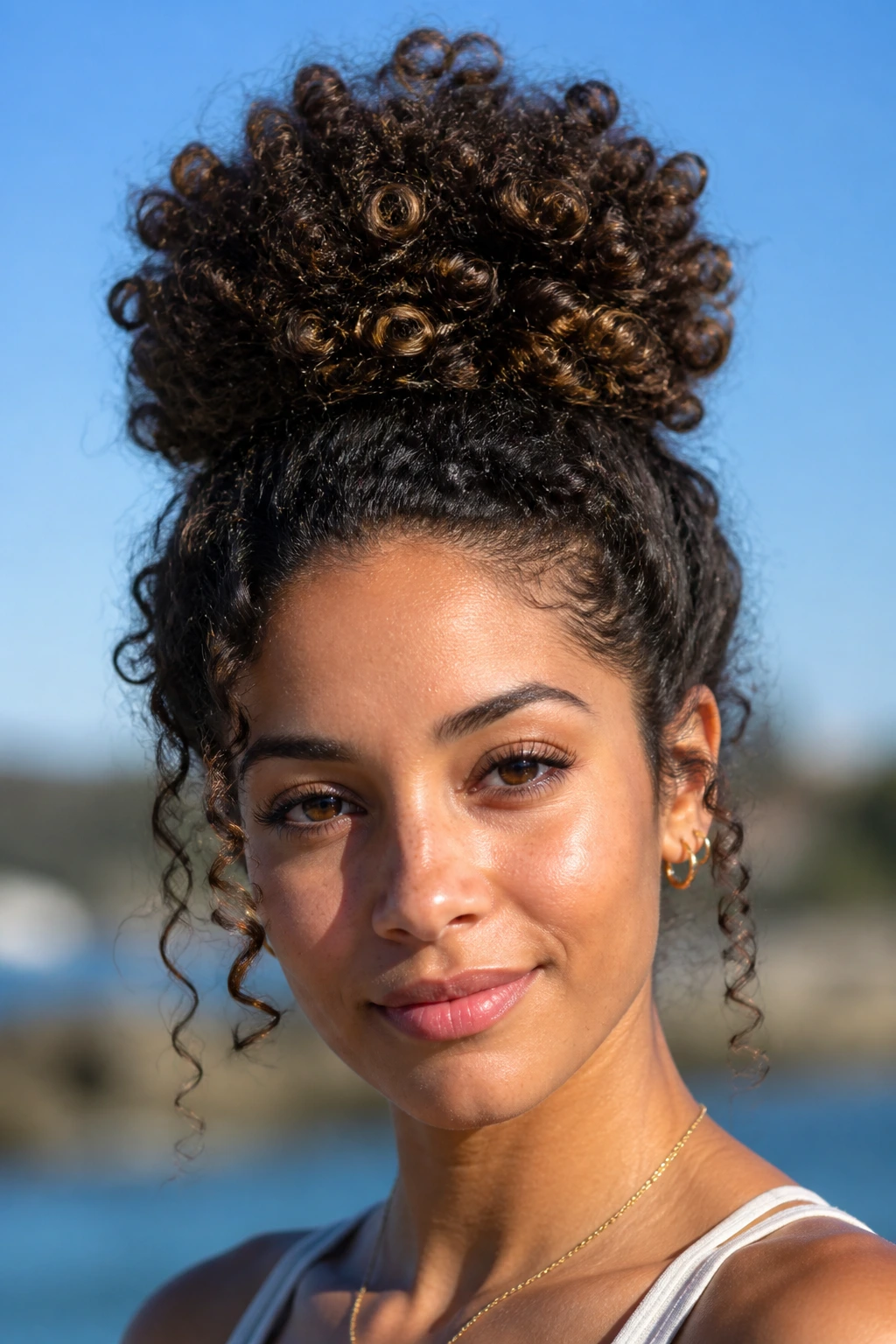 Close-up of a curly-haired woman with a high pineapple bun outdoors