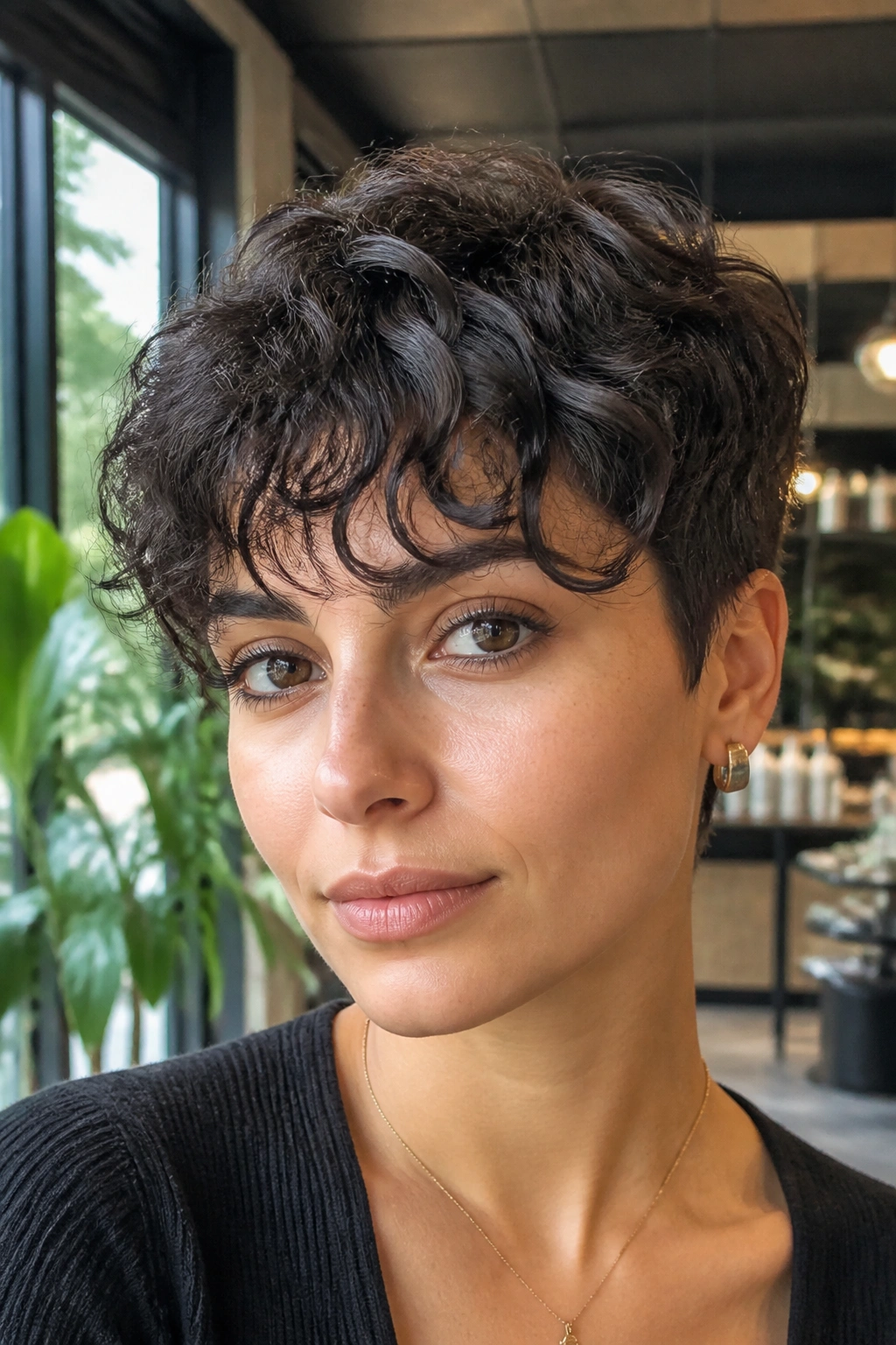 Close-up portrait of a real woman with Curly Pixie With Piecey Fringe showing gaps in fringe