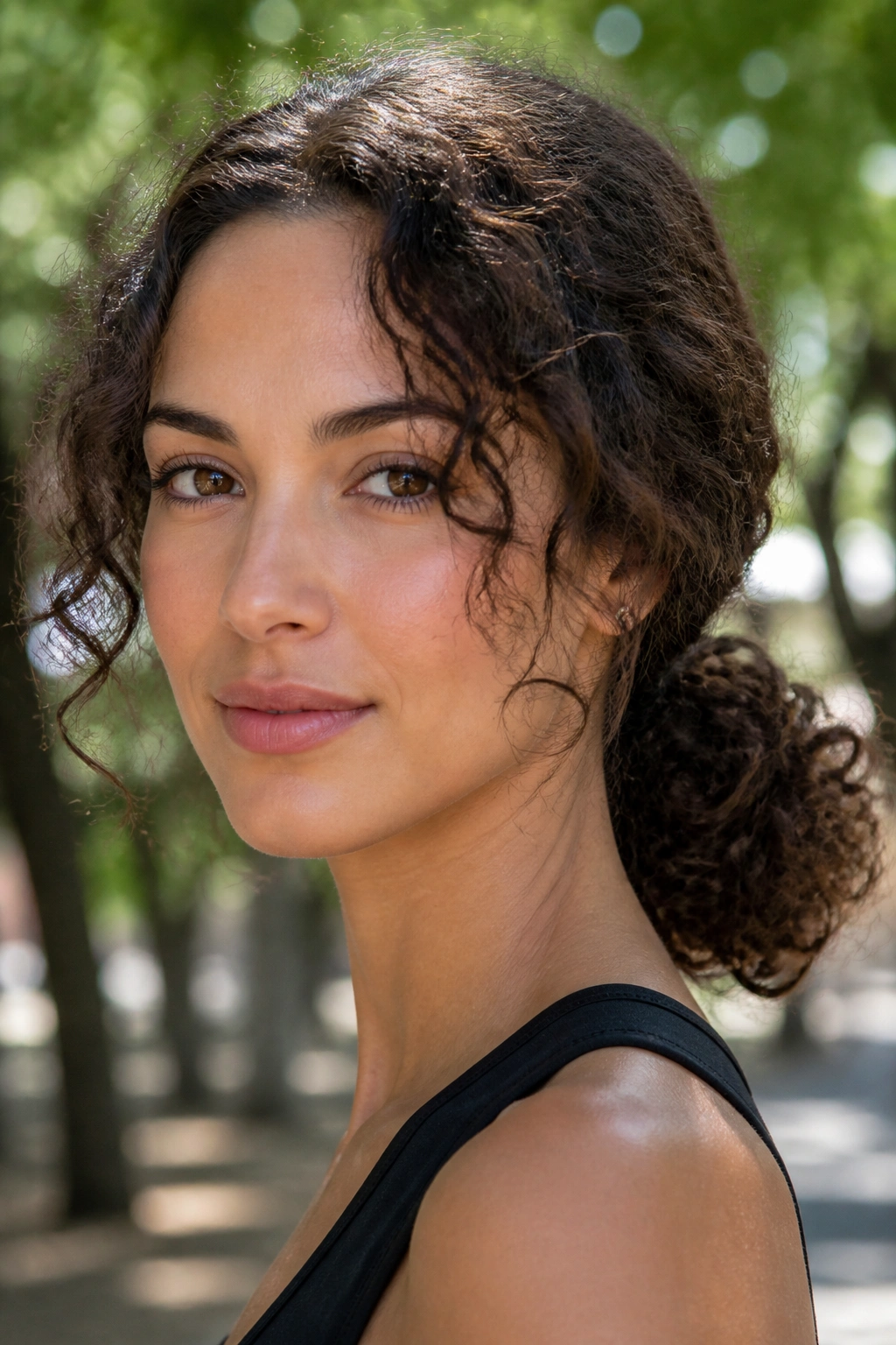 Close-up of a real woman with a low curly ponytail flaring at the sides in a park