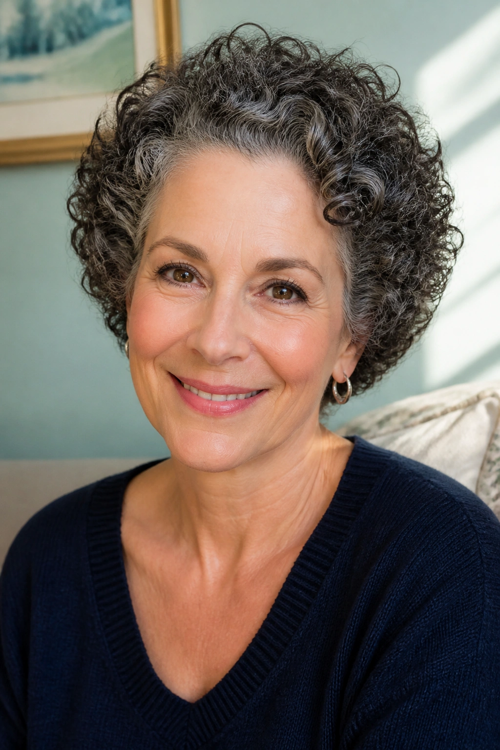Portrait of a woman with a curly rounded cut following her hairline in natural light