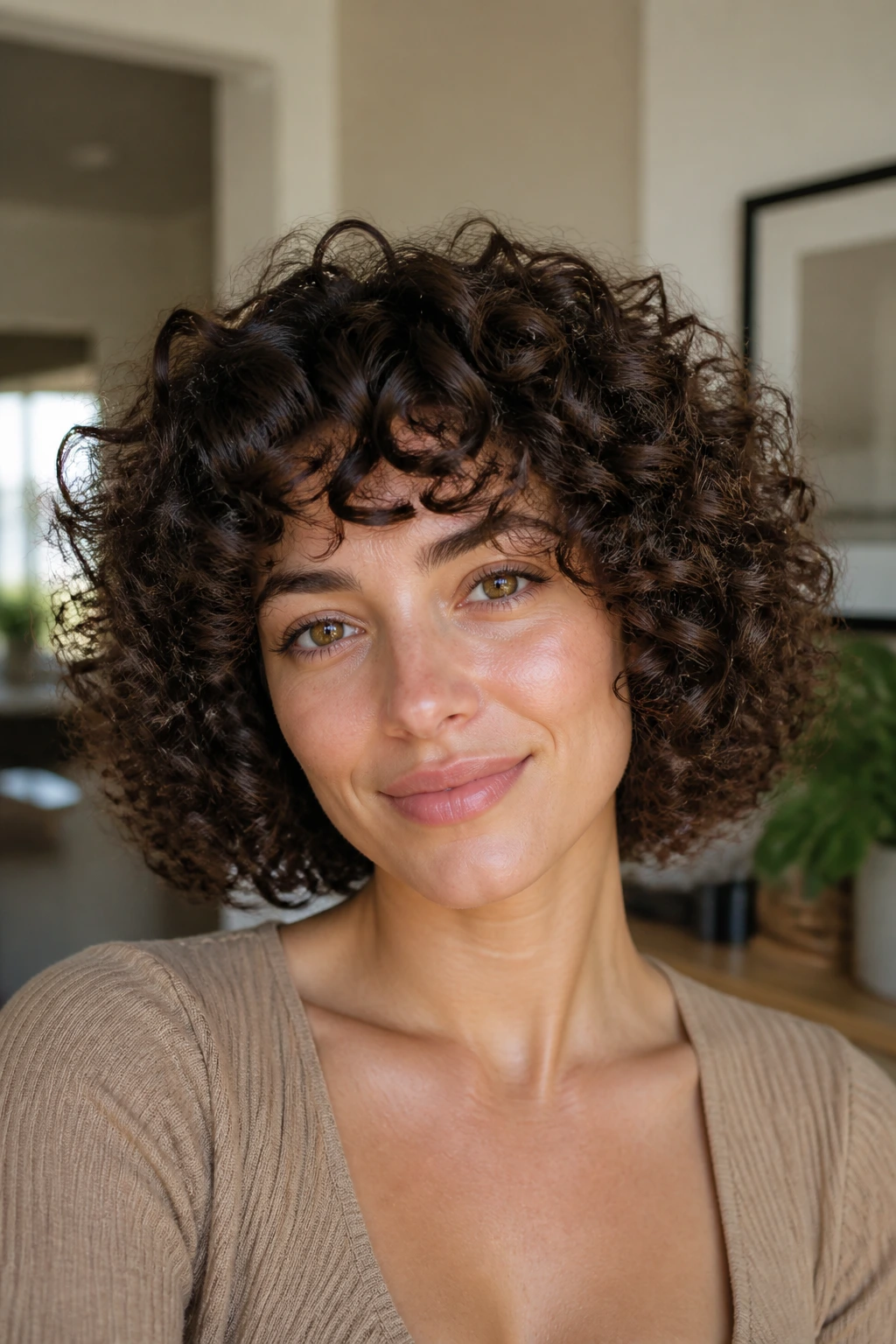 Close-up portrait of a real woman with curly hair in a rounded layered style around the cheekbones.