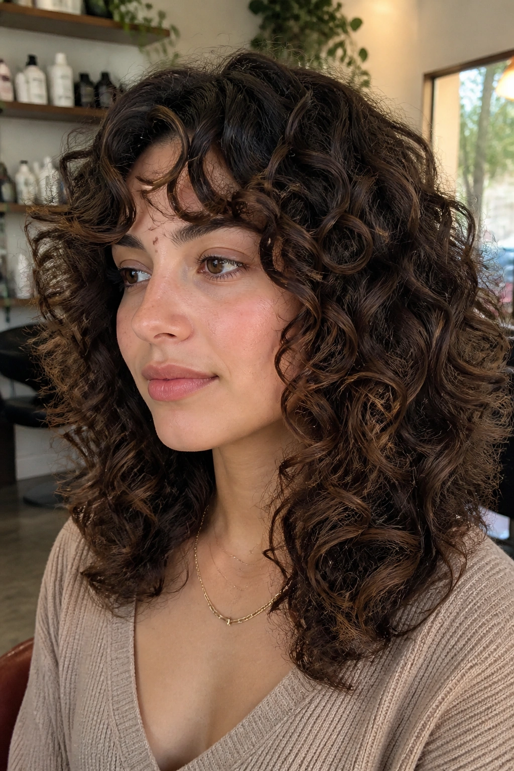 Close-up portrait of a real woman with thick curly layered shoulder-length hair, curls stacking naturally.