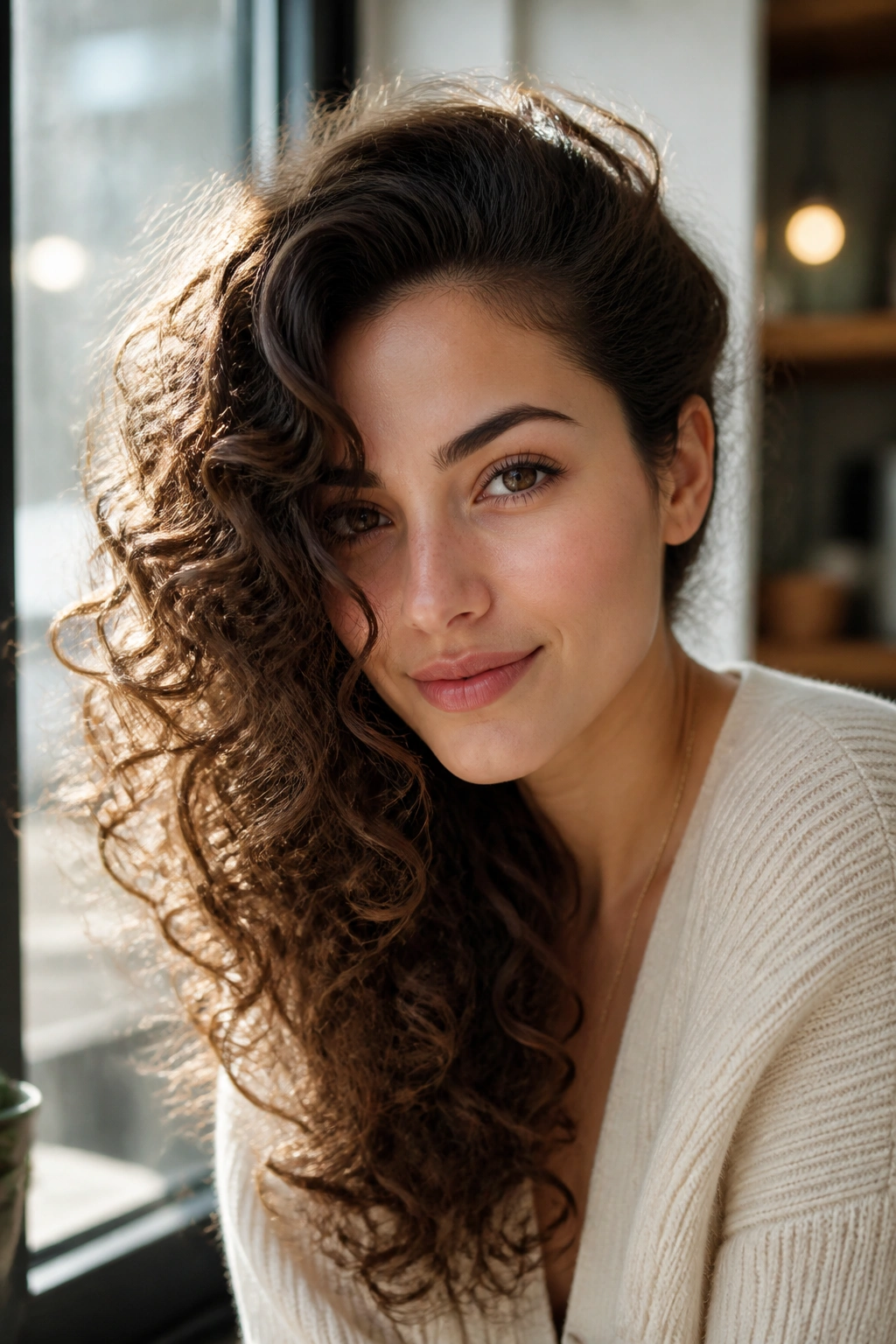 Close-up of a real woman with deep side sweep and temple volume in a sunlit cafe