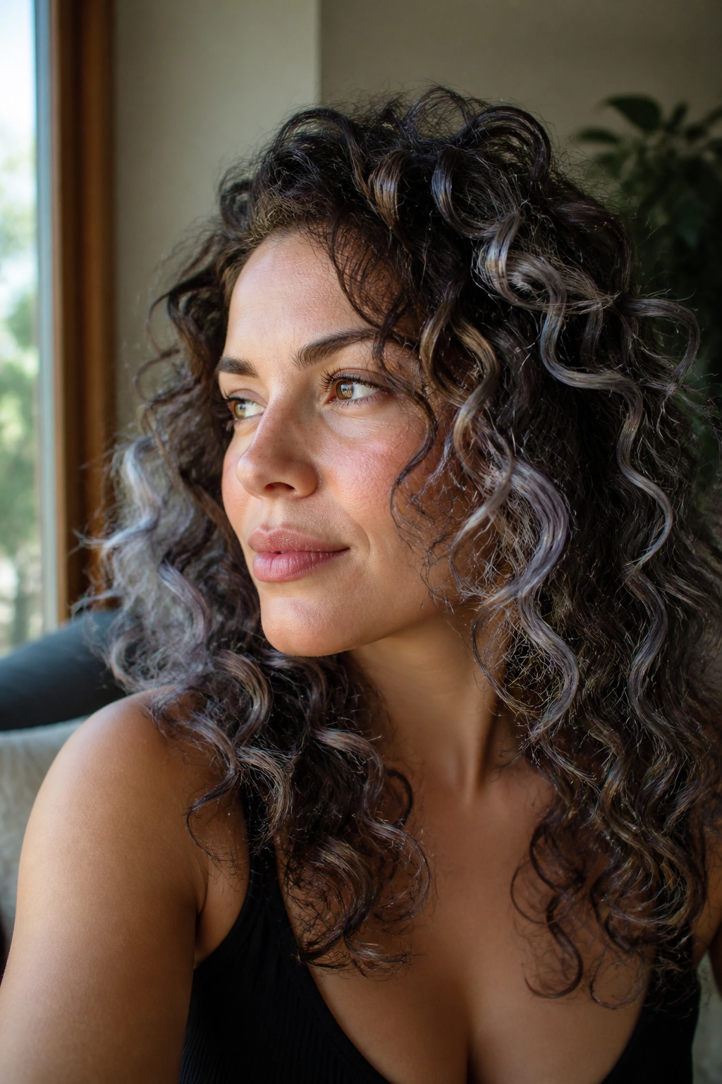 Close-up of curly brown hair with silver balayage on a real woman