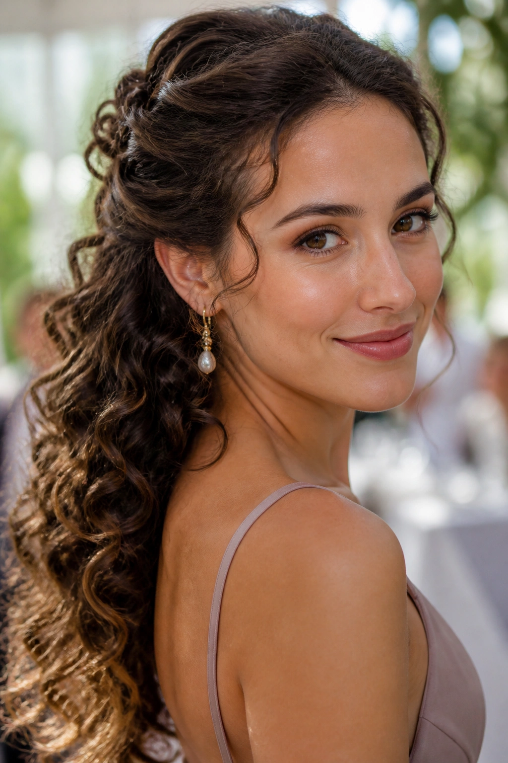 Close-up of a real woman with swept-back curls framing the face.