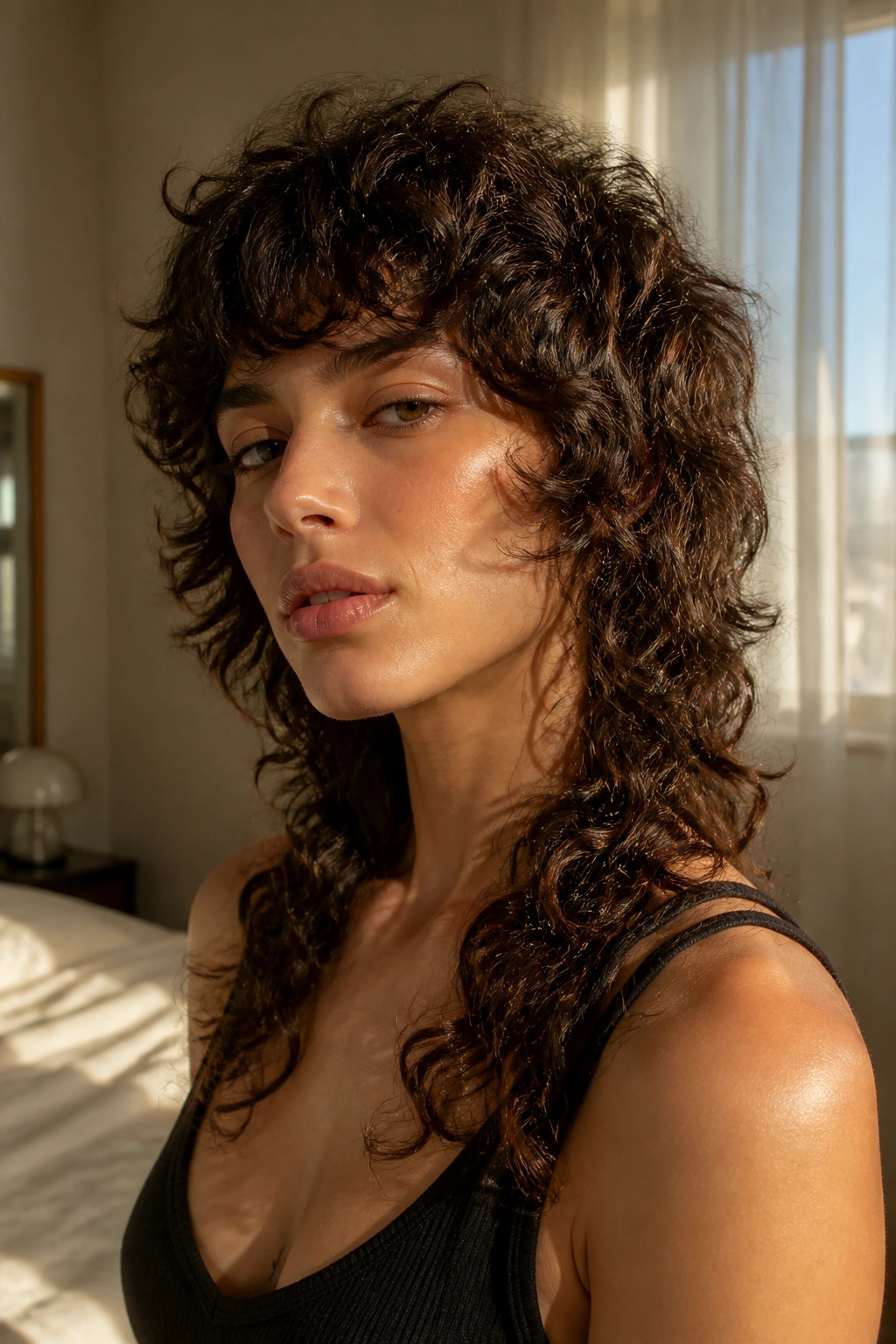 Close-up of real person with retro-inspired curly shag wolf cut featuring feathered front and soft layers