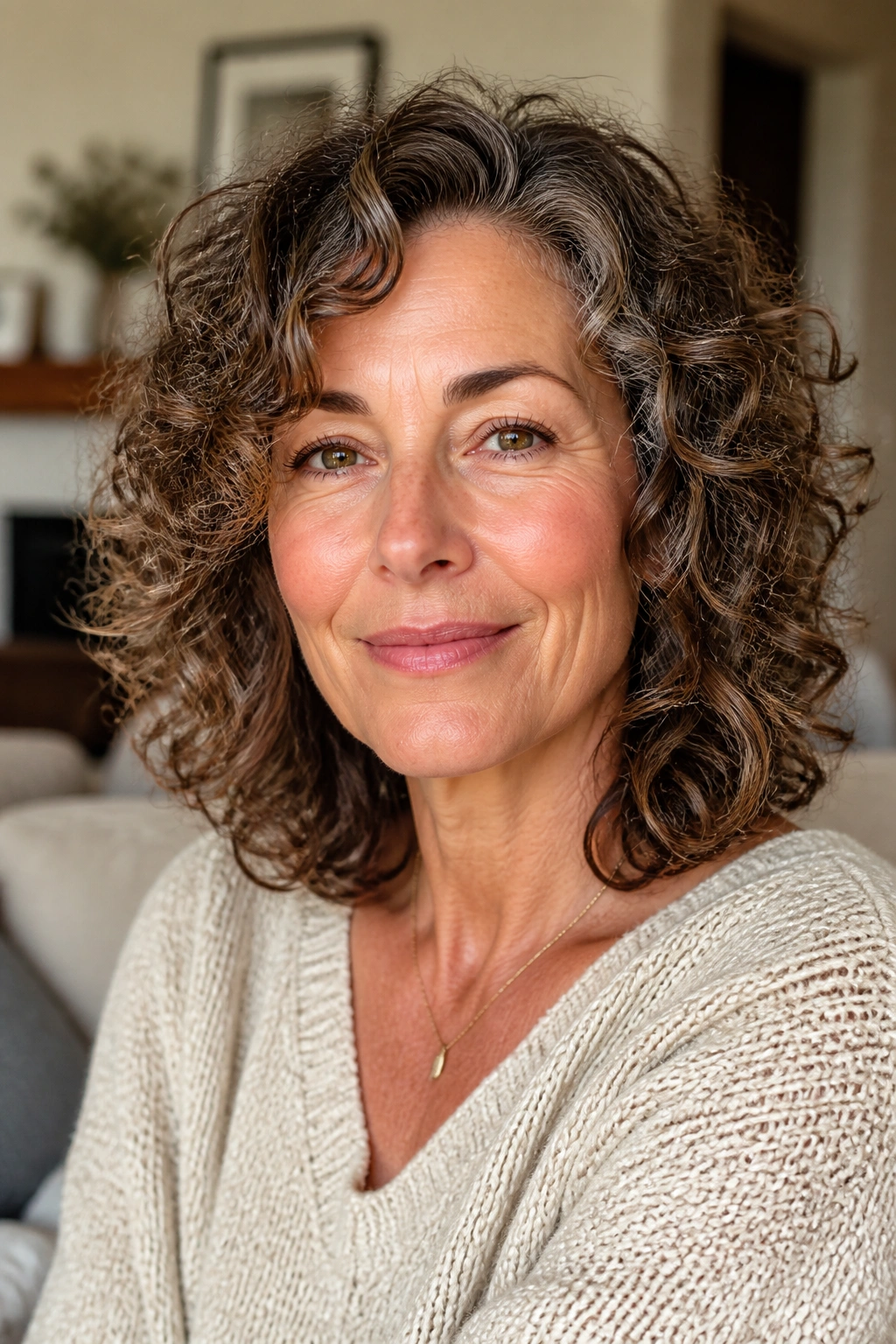Close-up of a real woman with curly shoulder-length hairstyle.