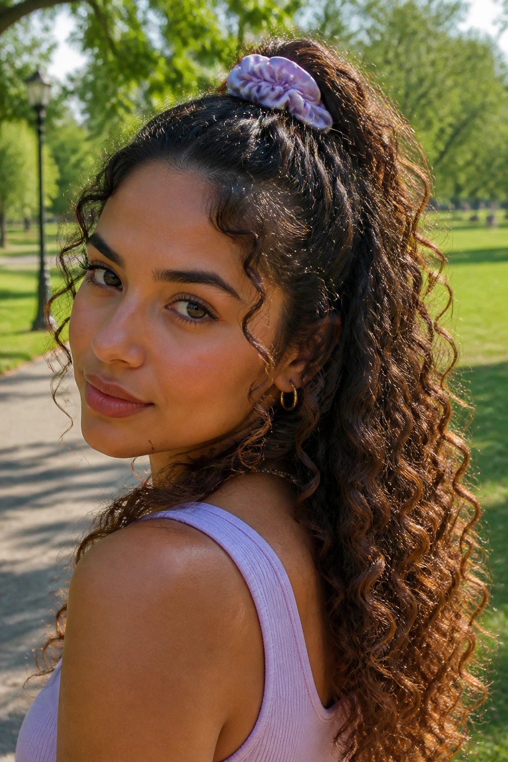 Close-up of a real person with a curly half ponytail held by a satin scrunchie.