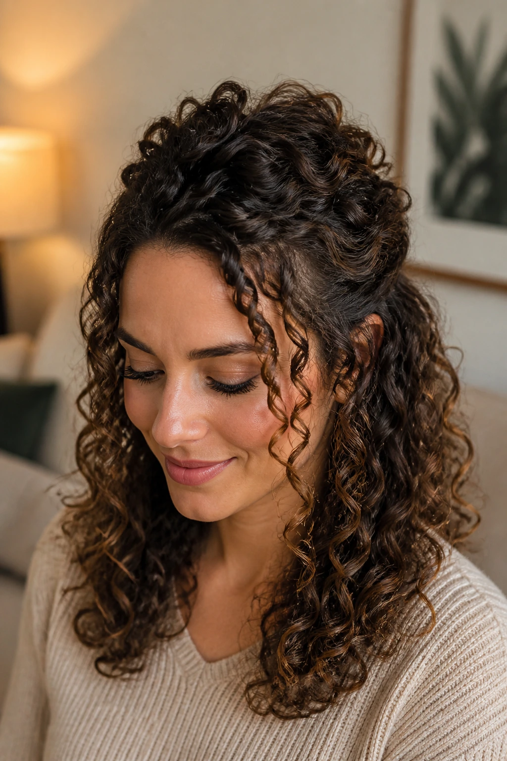 Close-up portrait of a real woman with curly half-up pinned back hair