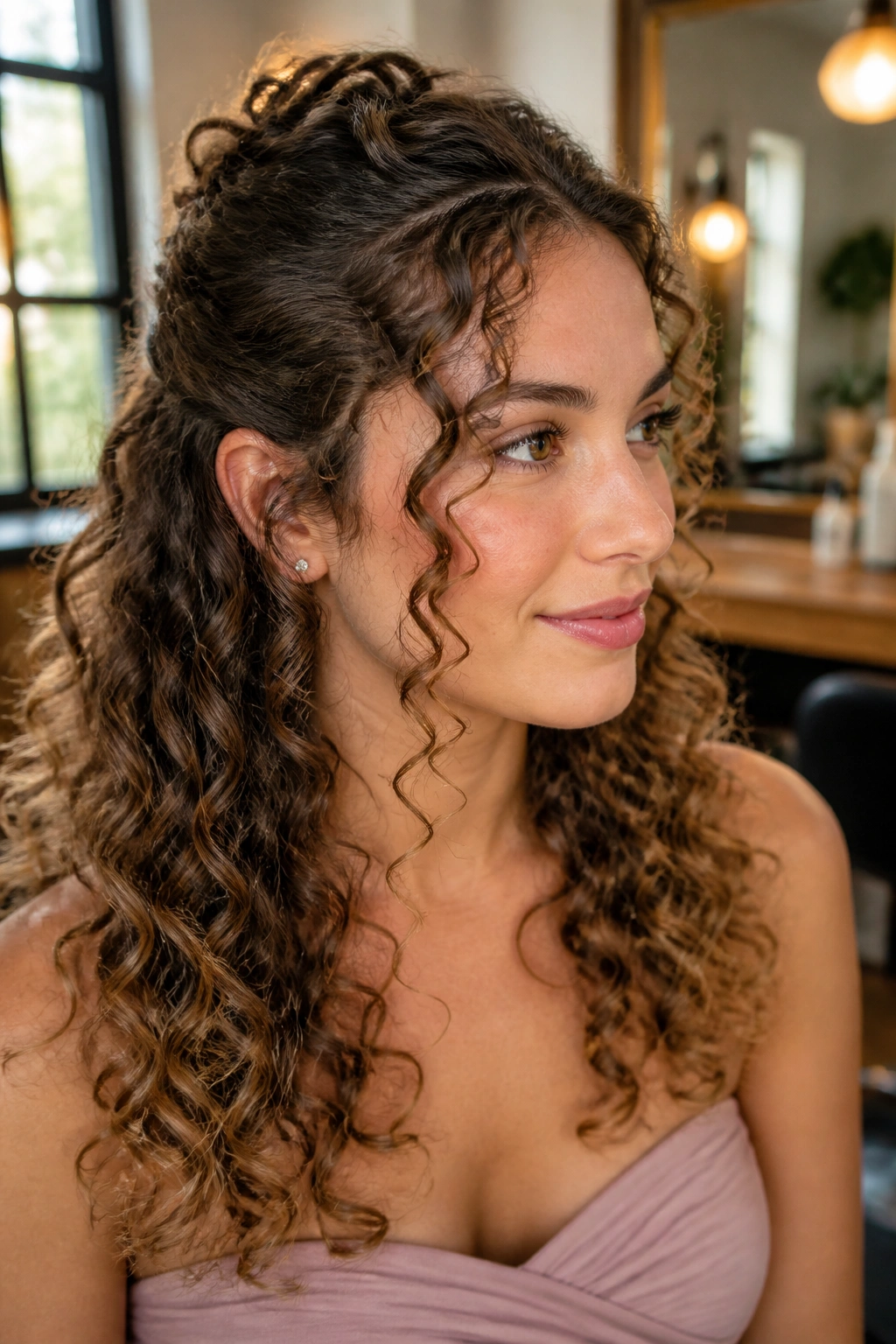 Close-up of a real woman with curly half-up hairstyle featuring face-framing spirals