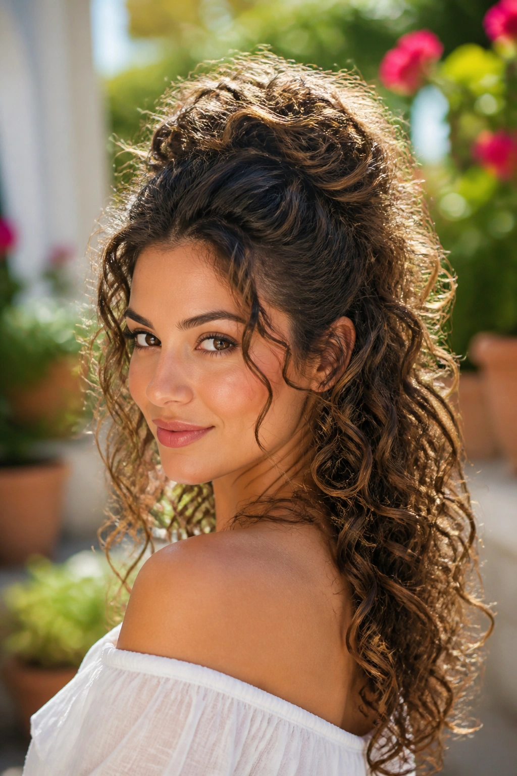 Real woman with curly half updo and crown volume in sunny garden setting.