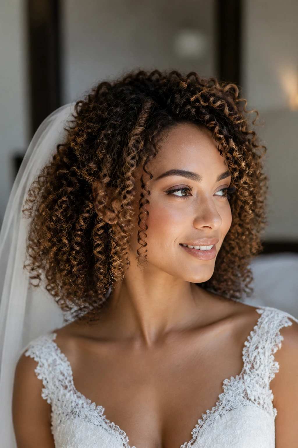 Close-up of a bride with curly halo hairstyle featuring defined curls around the face