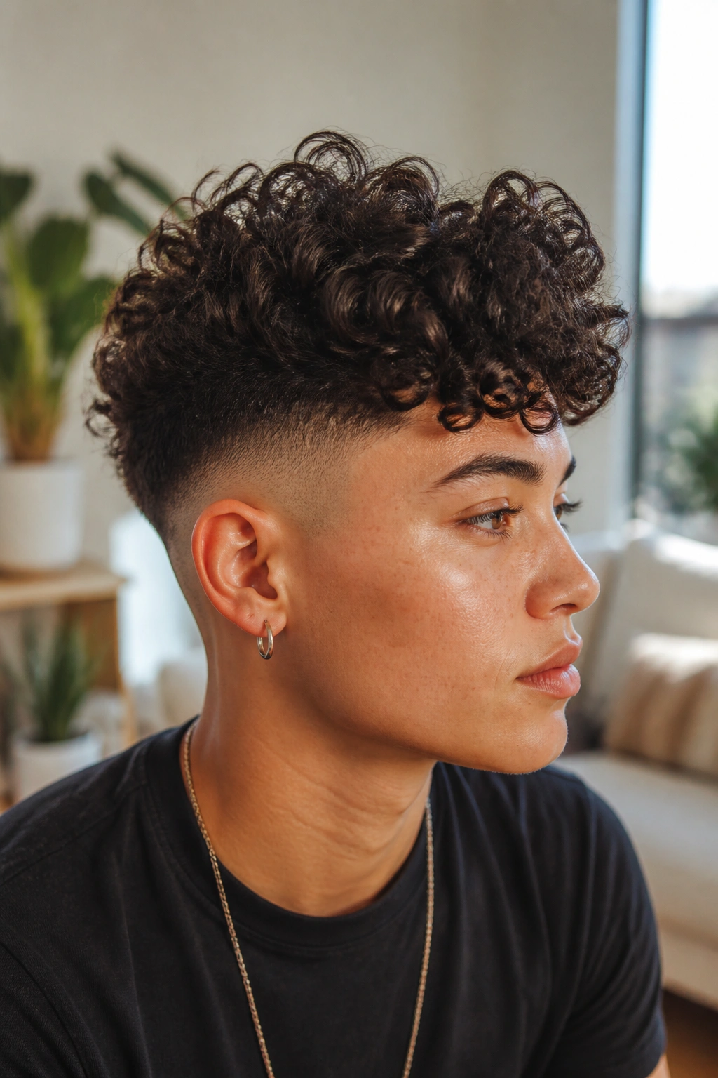 Close-up of a real person with big curly top and tight fade.