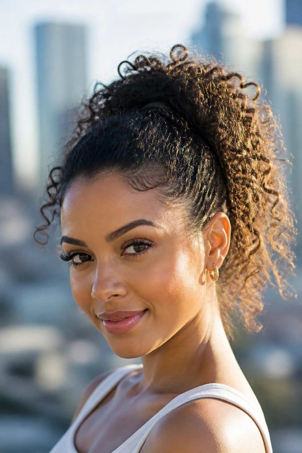 Close-up of a woman with a curly high ponytail