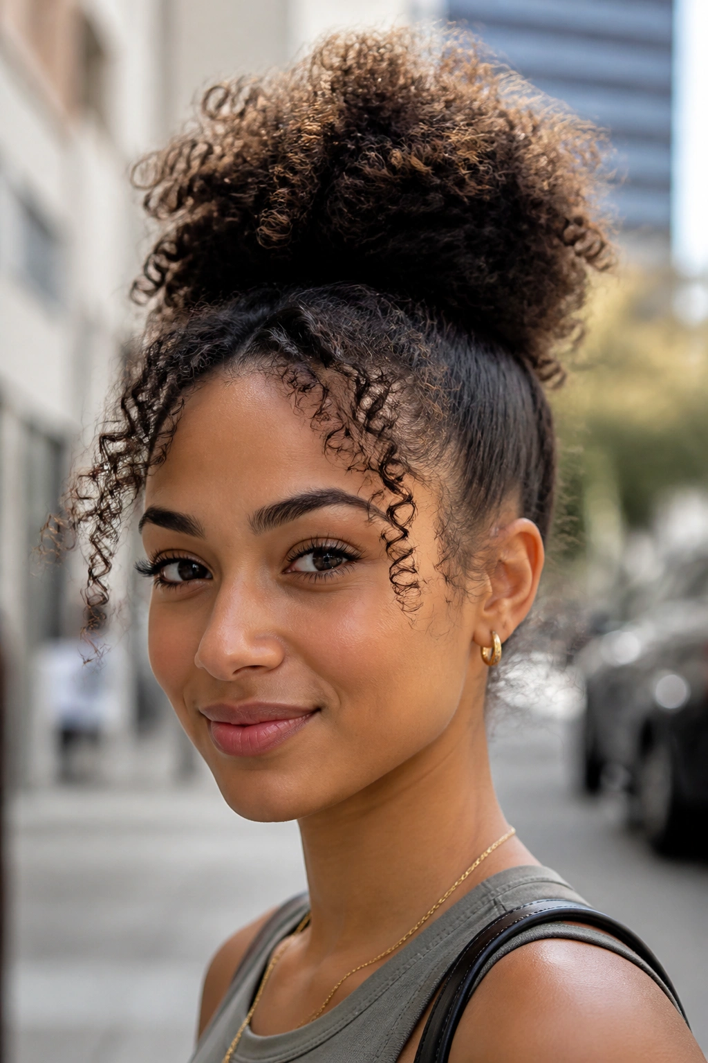 Real person with a curly high puff crown lifted in natural light