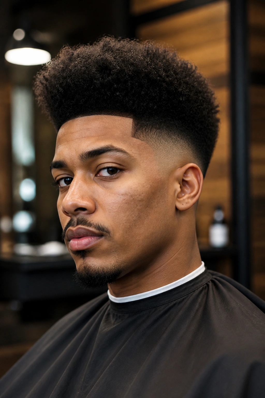 Close-up of a real man with a curly high top fade and sharp line-up.
