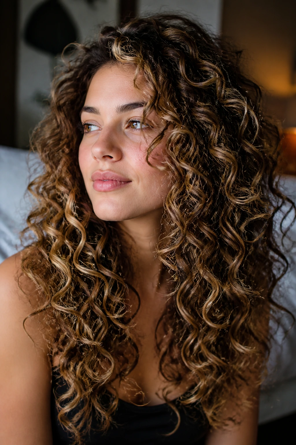 Close up of a real woman with curly contour highlights in window light