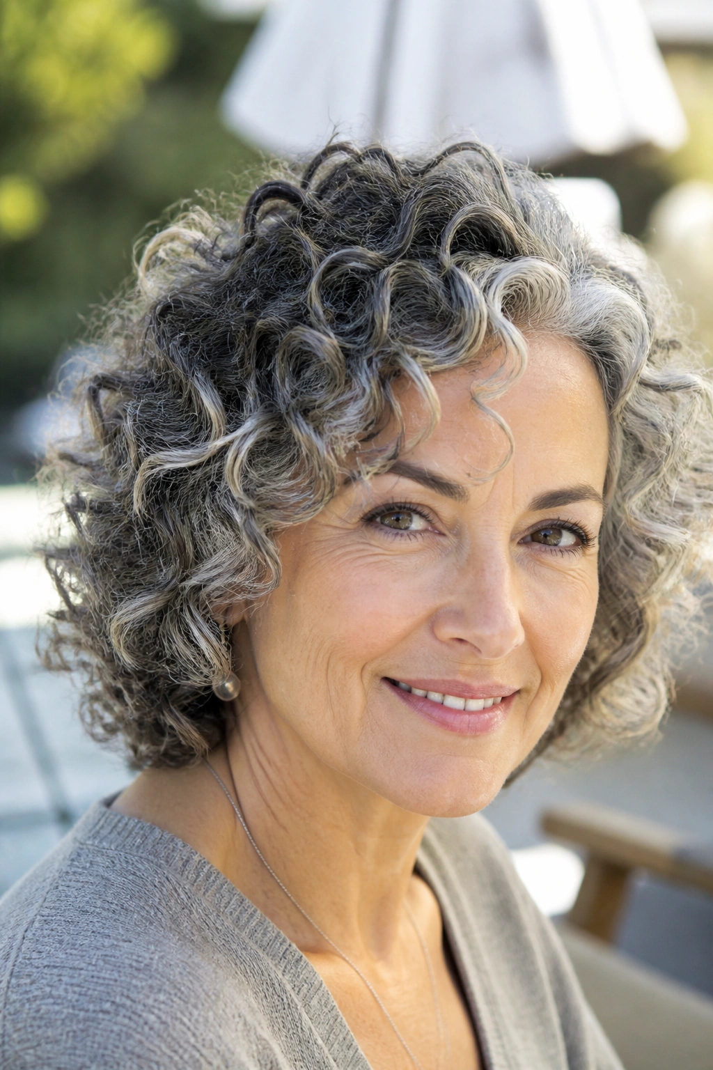 Close-up of a real woman with curly salt-and-pepper hair and targeted highlights