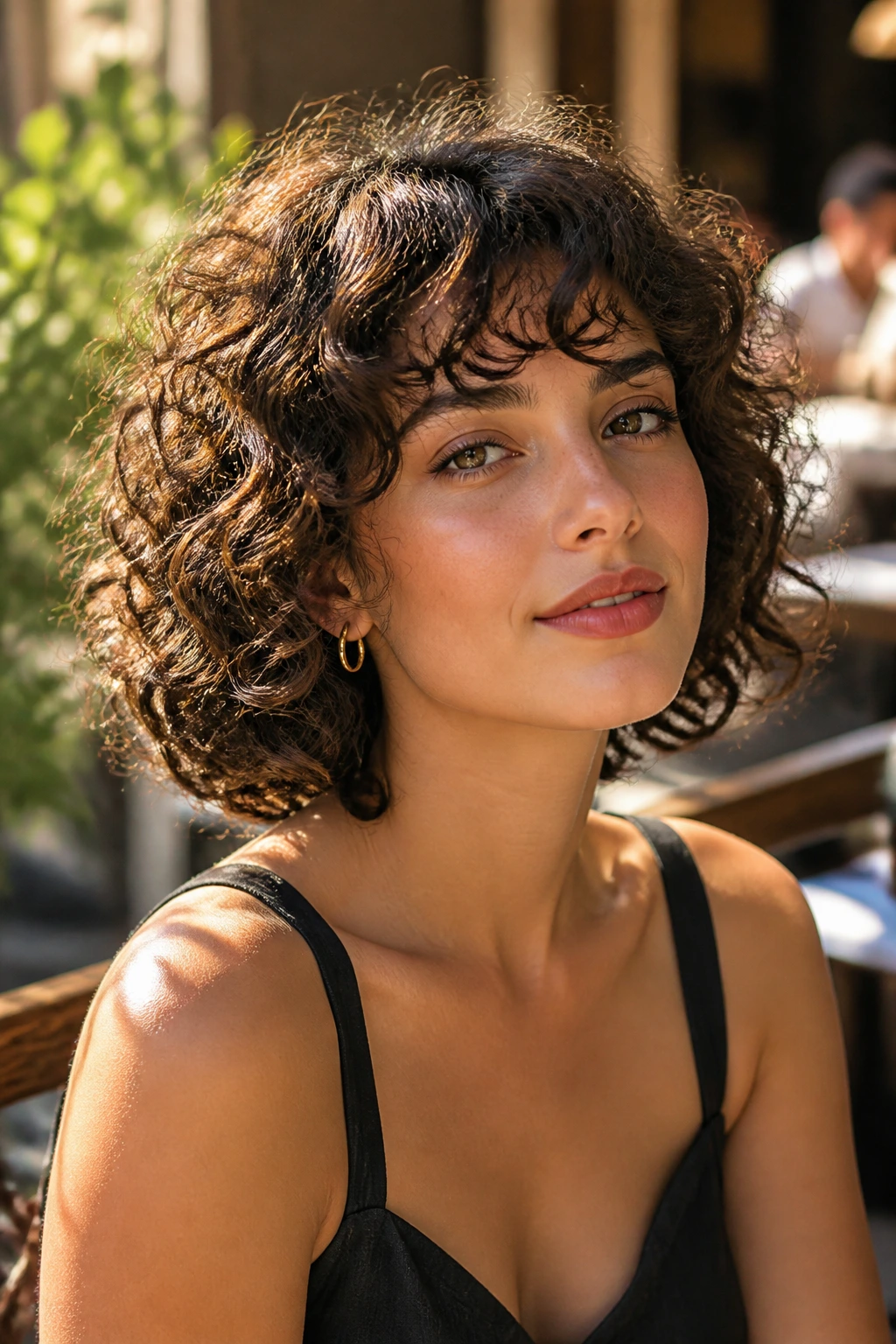 Close-up of a woman with curly Italian bob and curly bangs in golden hour outdoor setting