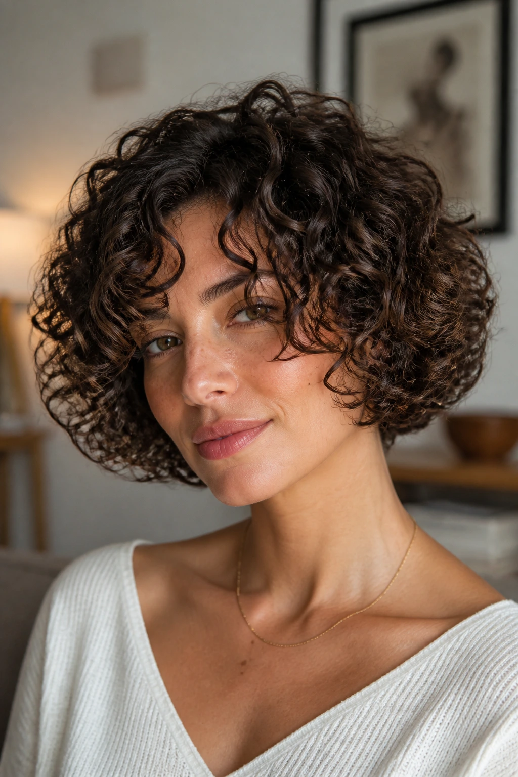Real woman with curly Italian bob showing defined curls and shaped silhouette