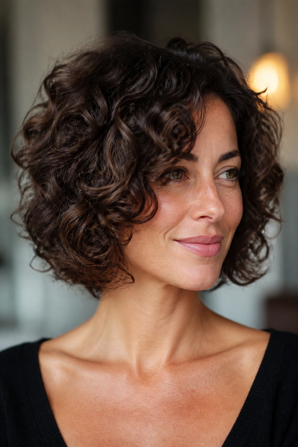 Close-up of a woman with curly layered bob showing defined curls.