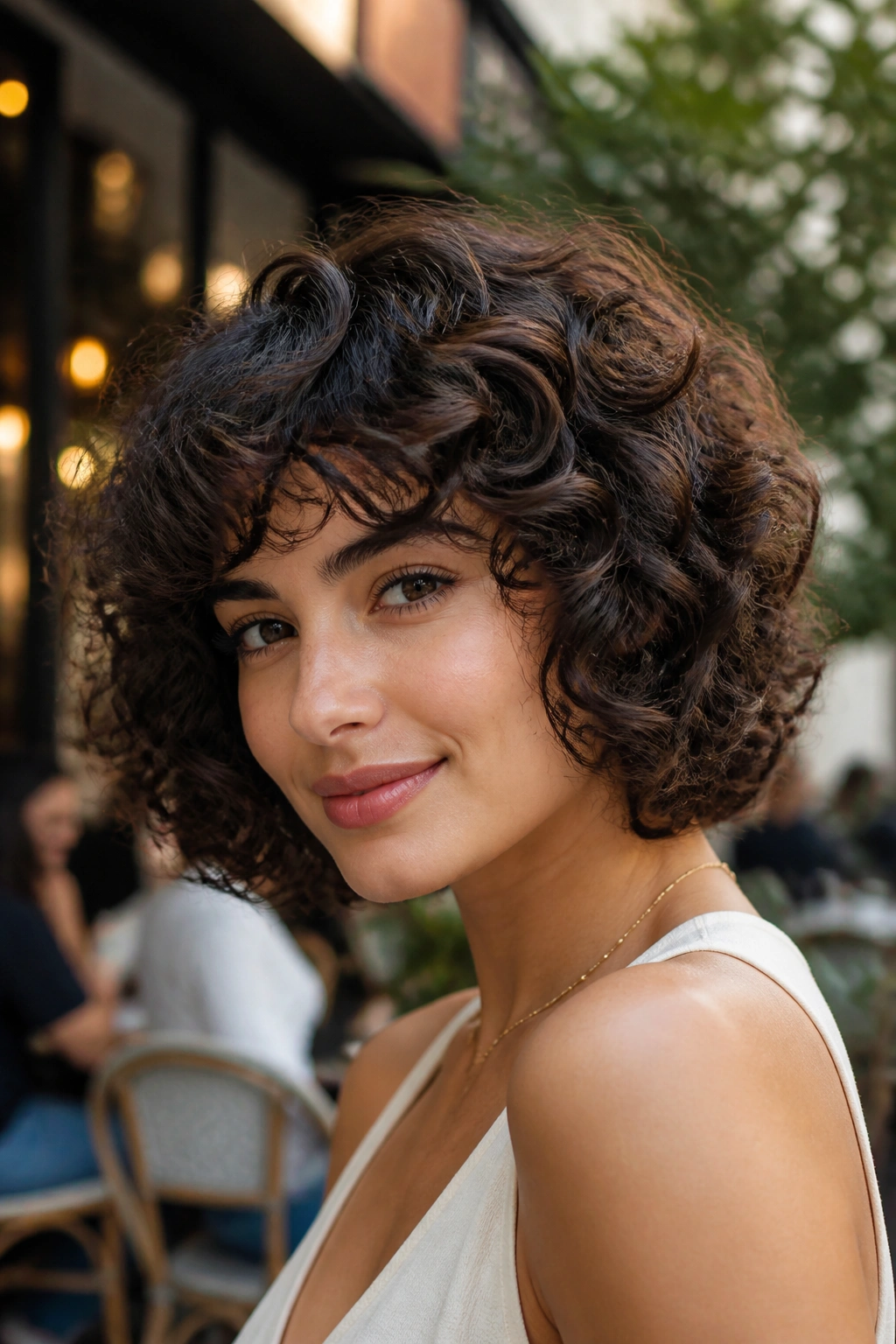 Close-up portrait of a real woman with a curly layered bob in sunlight.