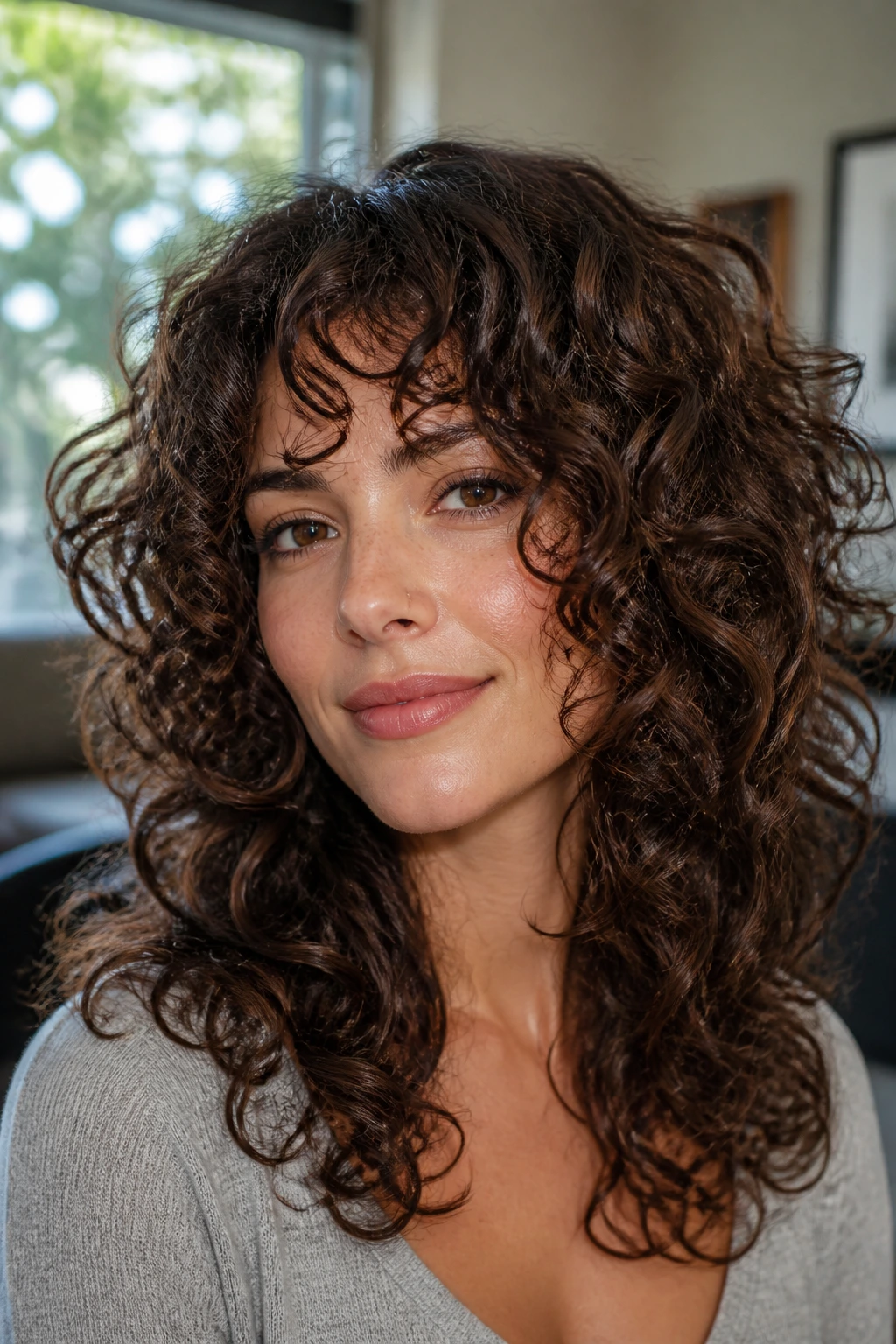 Real woman with curly layered cut framing cheeks