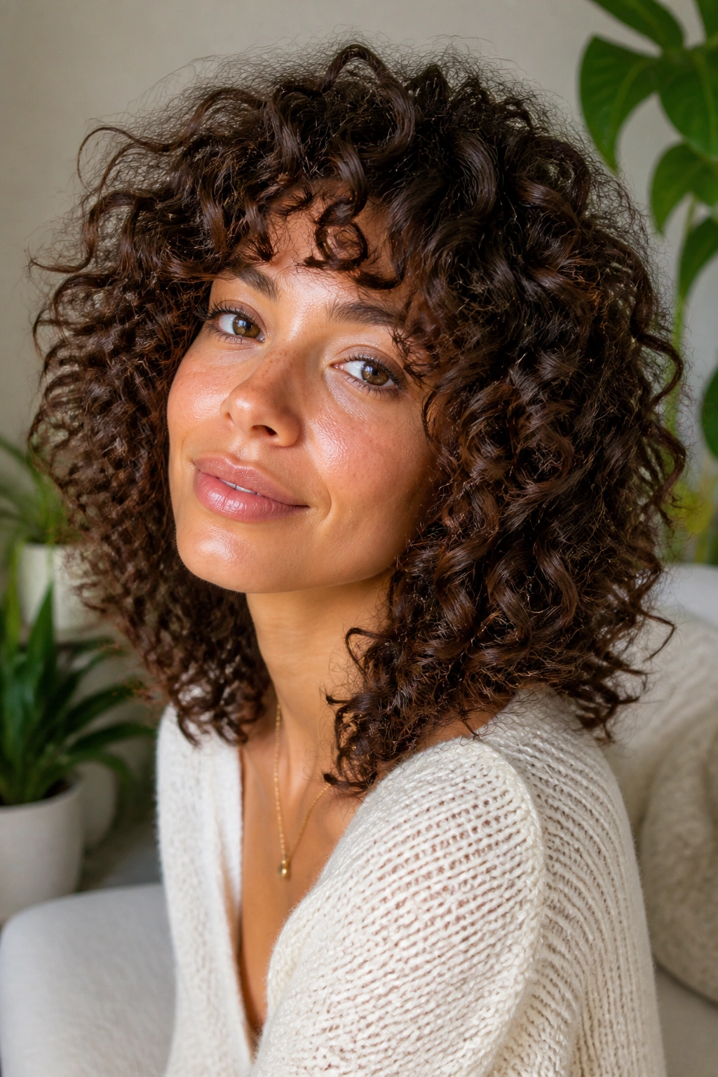 Close-up portrait of a real woman with curly medium-length hair showing layered curls