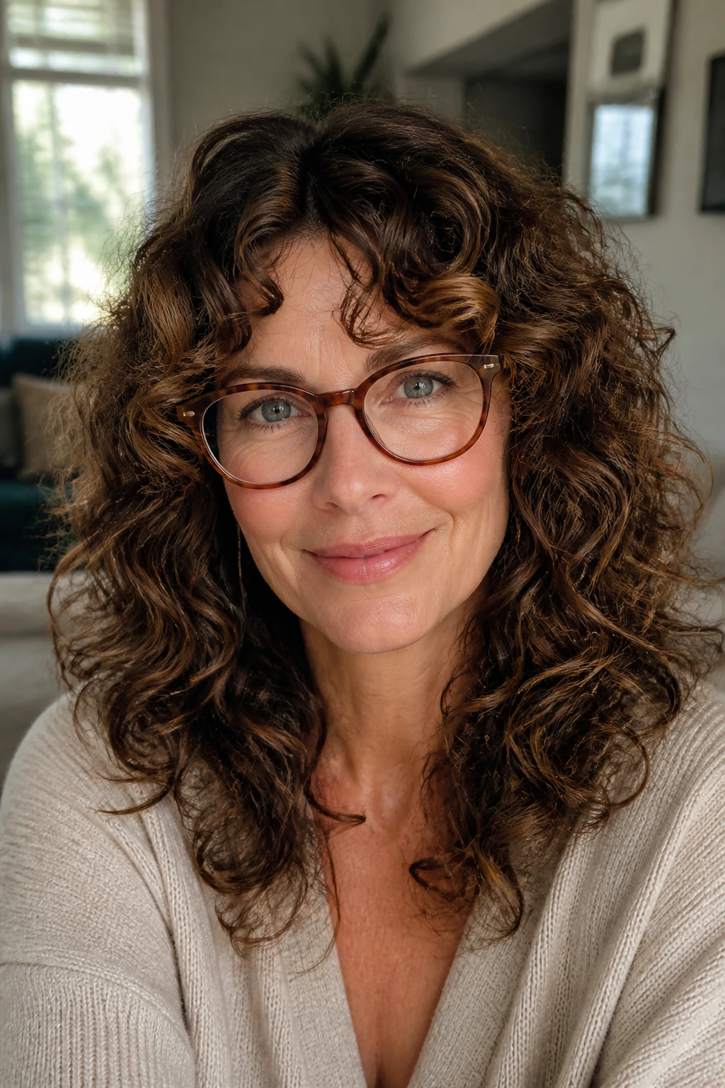 Portrait of a real woman wearing glasses with curly layers around the frames