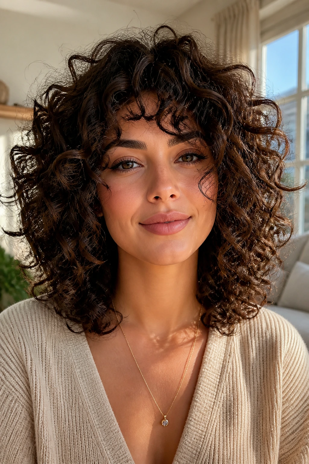 Close-up of a real woman with curly layered hairstyle framing the face
