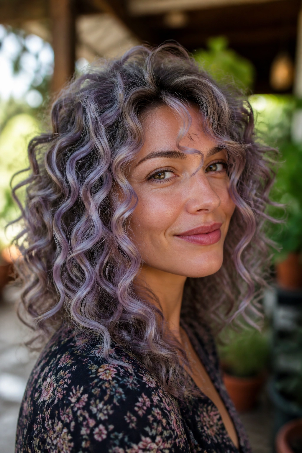 Close-up of curly hair with lilac grey ribbon highlights on a real person.
