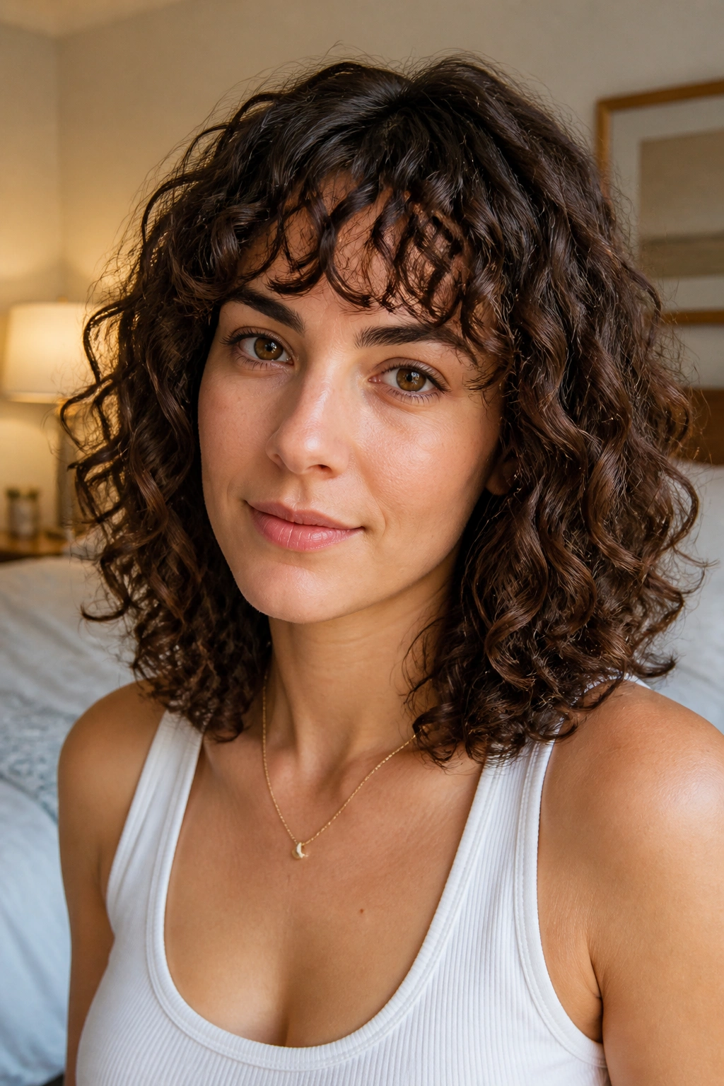 Close-up of real woman with curly lob and curly bangs