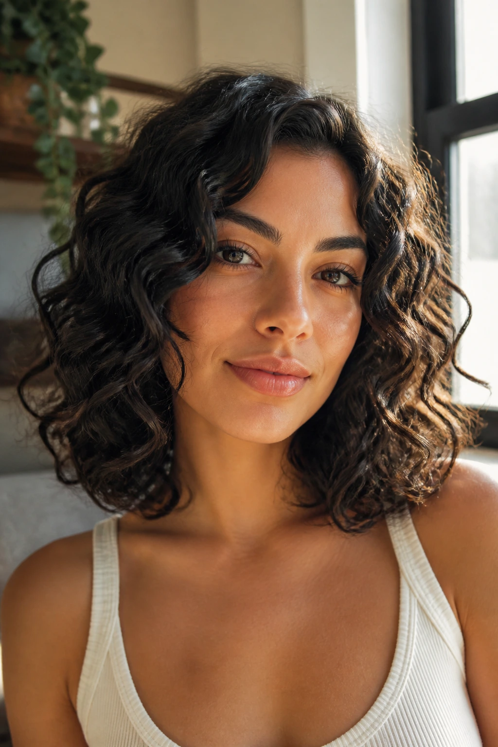Close-up of a real person with a curly lob skimming the collarbone in natural light