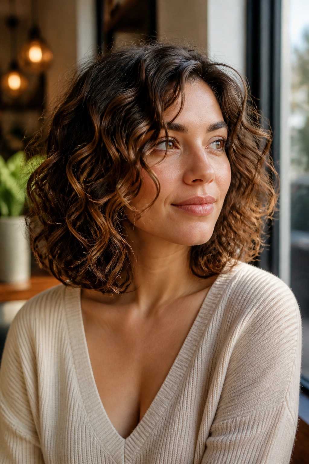 Close-up of a real woman with collarbone-length curly lob