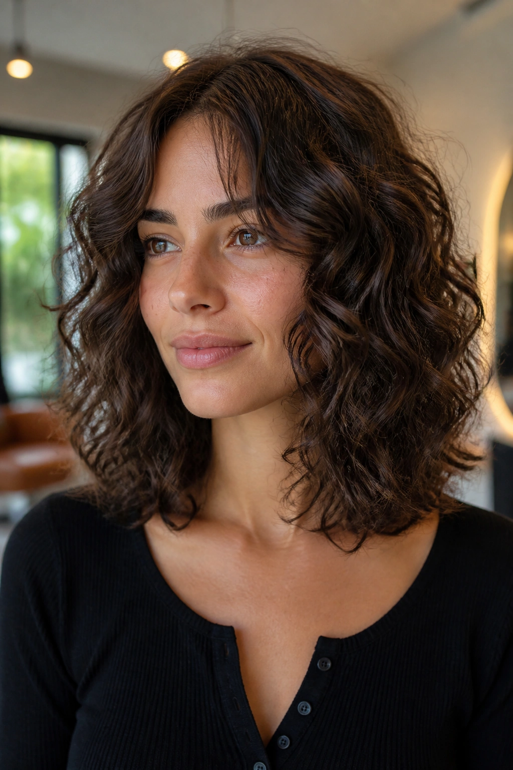 Close-up of a real woman with a curly lob and soft center part