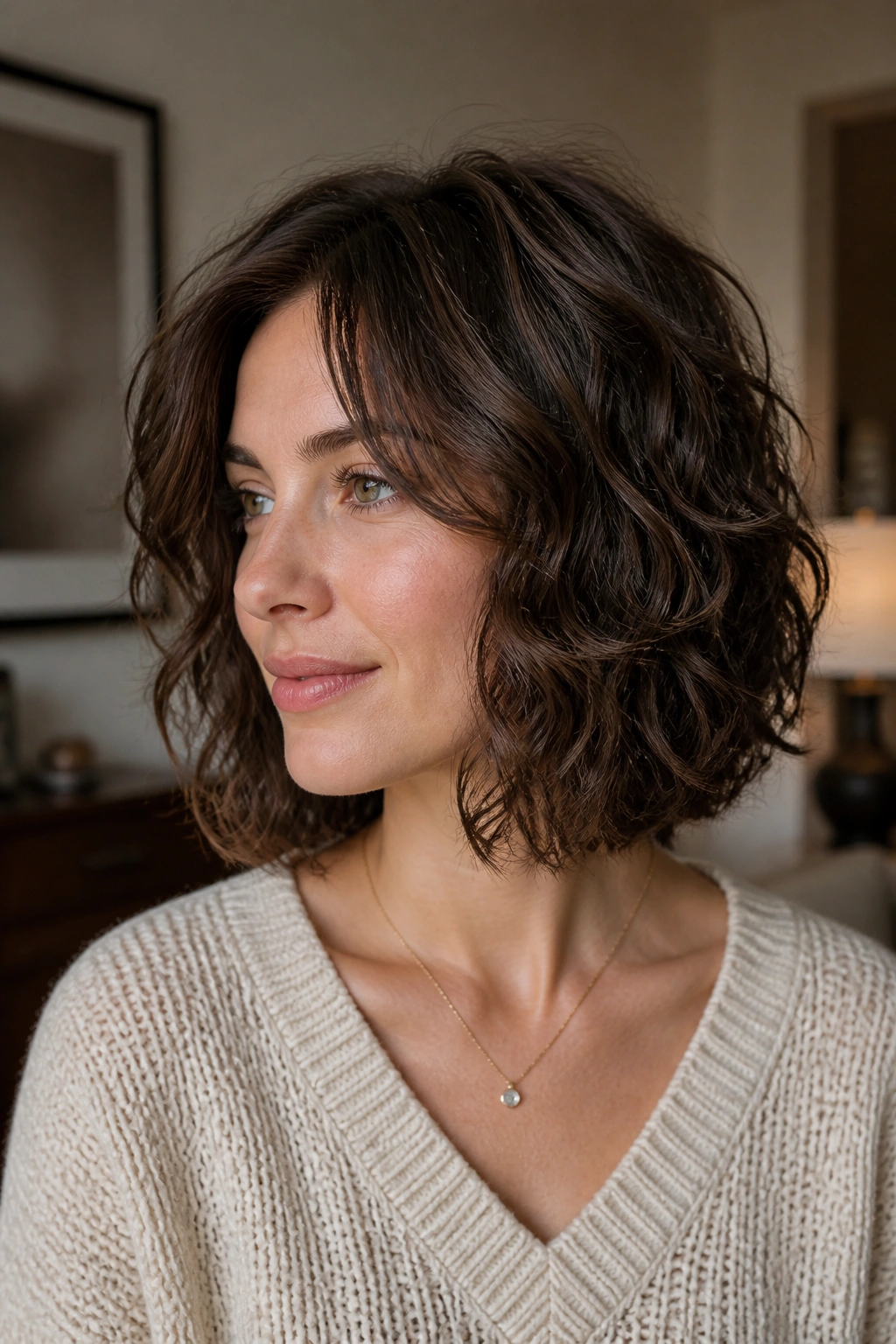 Close-up portrait of a real person with fine curly hair showing a low-layer curly lob