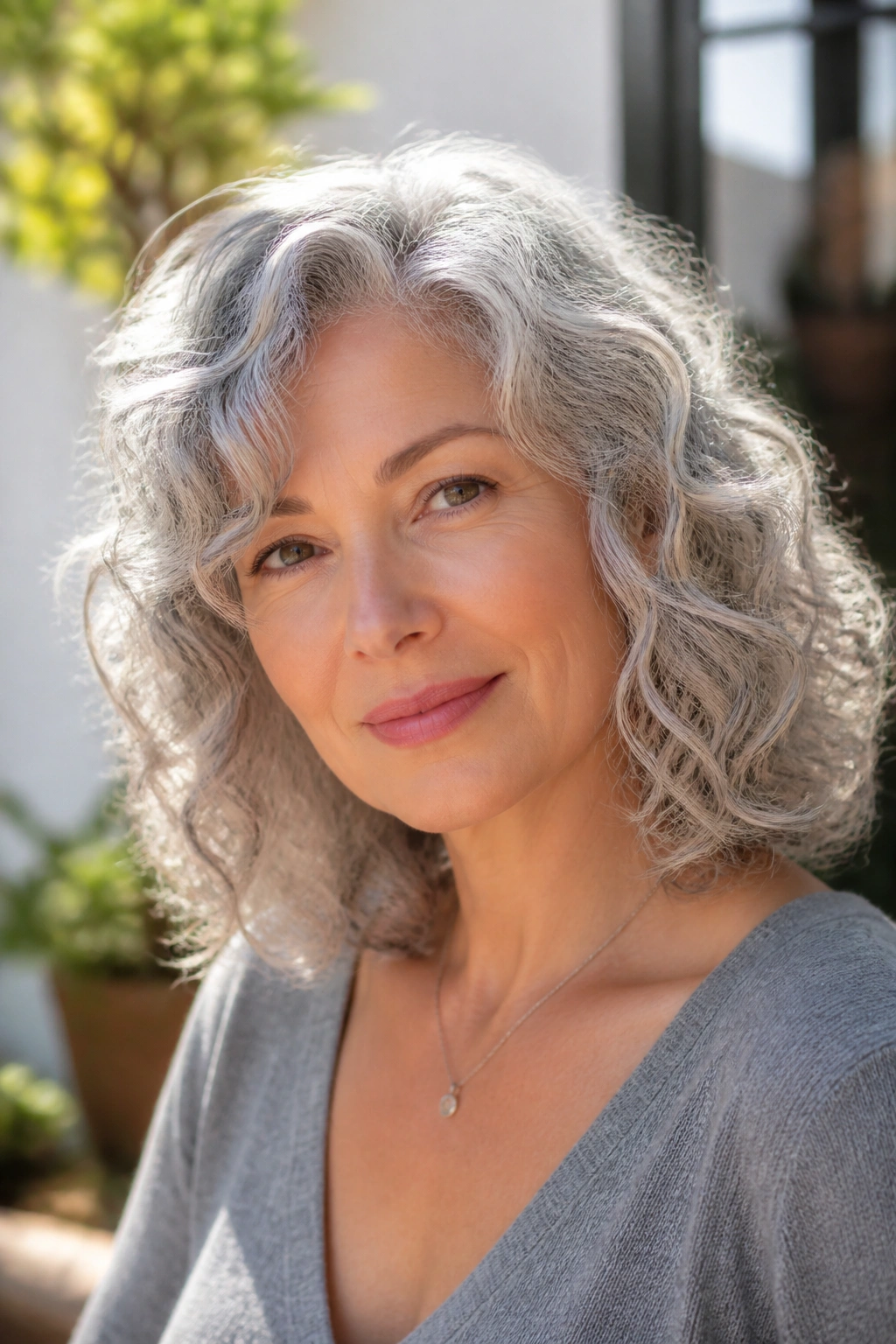 Portrait of a real woman with shoulder-length curly silver lob