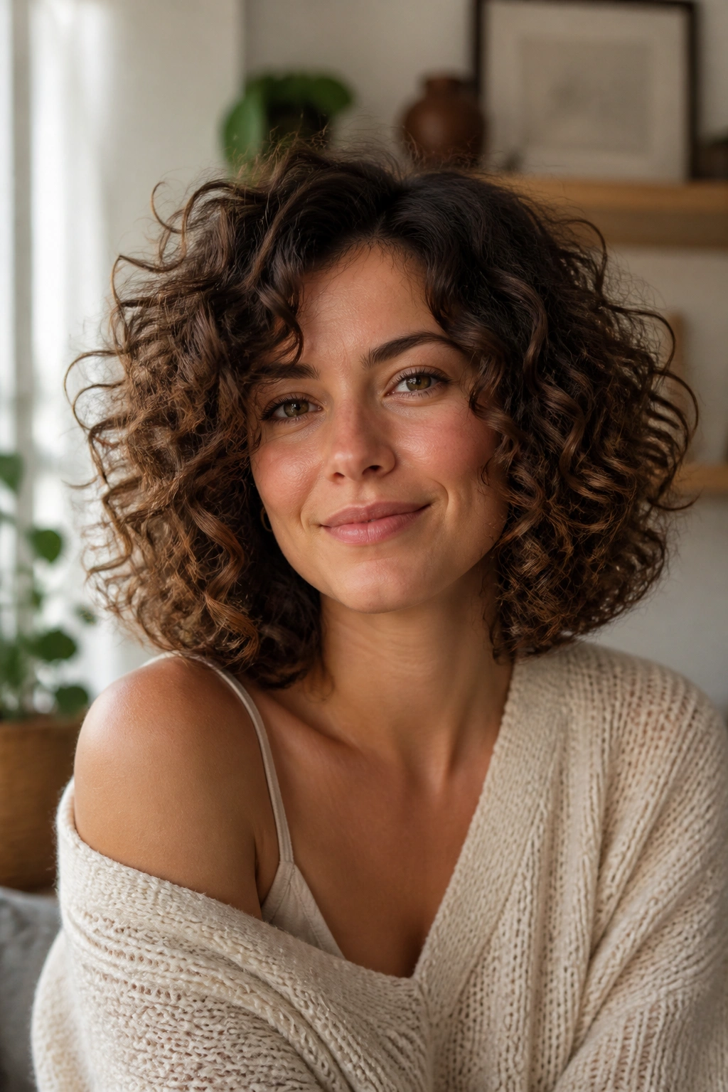 Real woman with curly lob, defined curls at shoulder length.