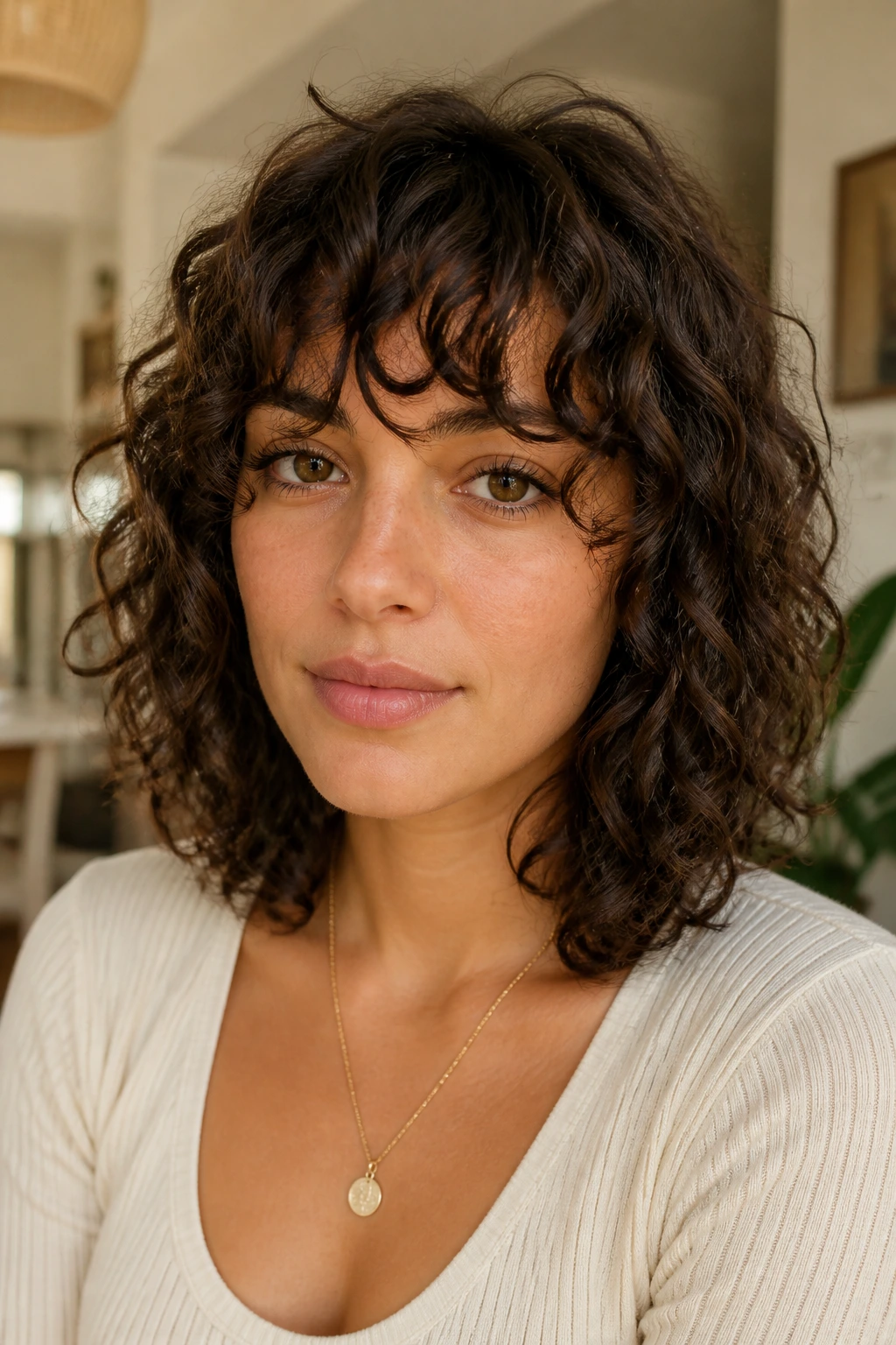 Medium close-up of person with curly lob and layered bangs around the eyes