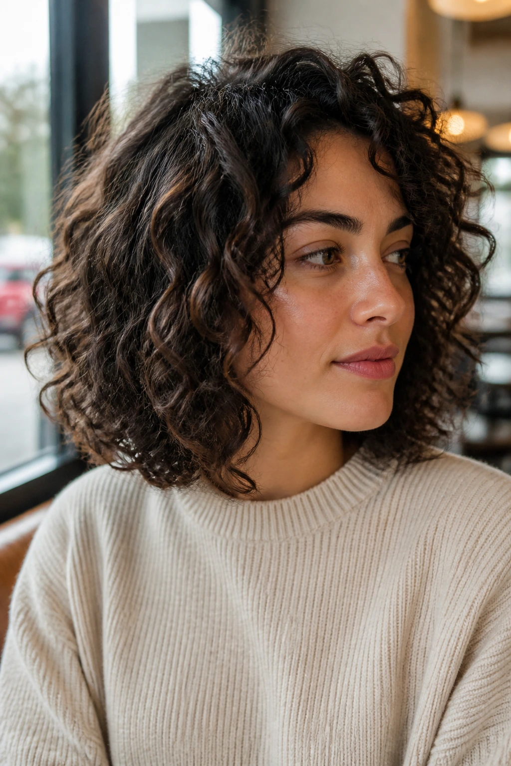 Close-up of a real woman with a curly lob long bob.