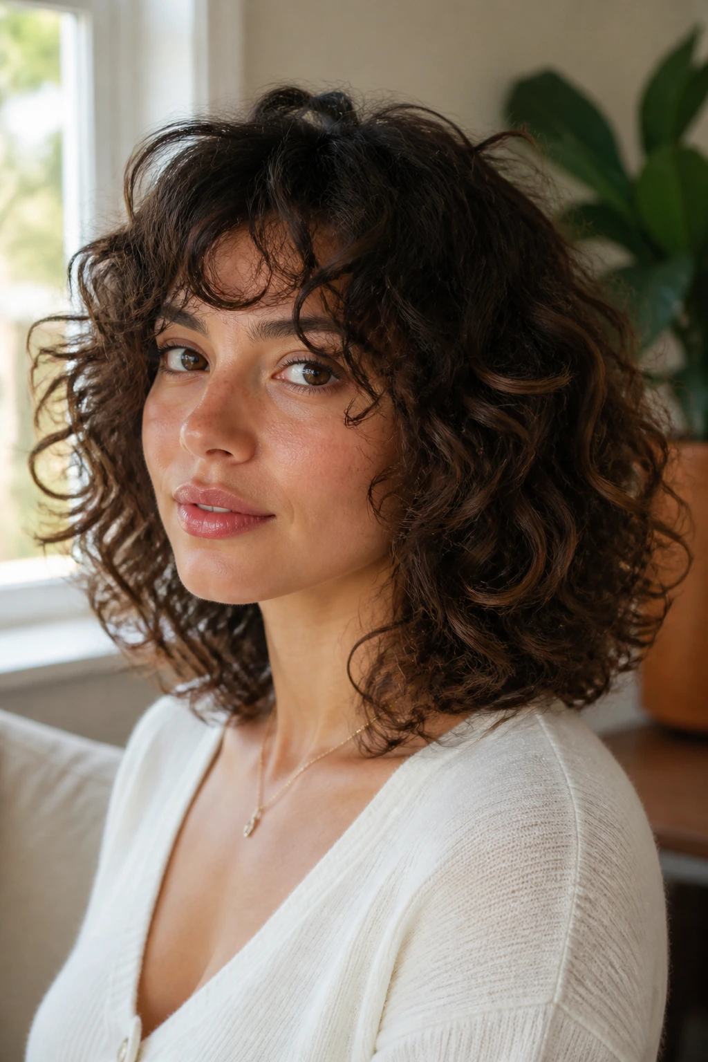 Close-up portrait of woman with curly lob and rounded layers
