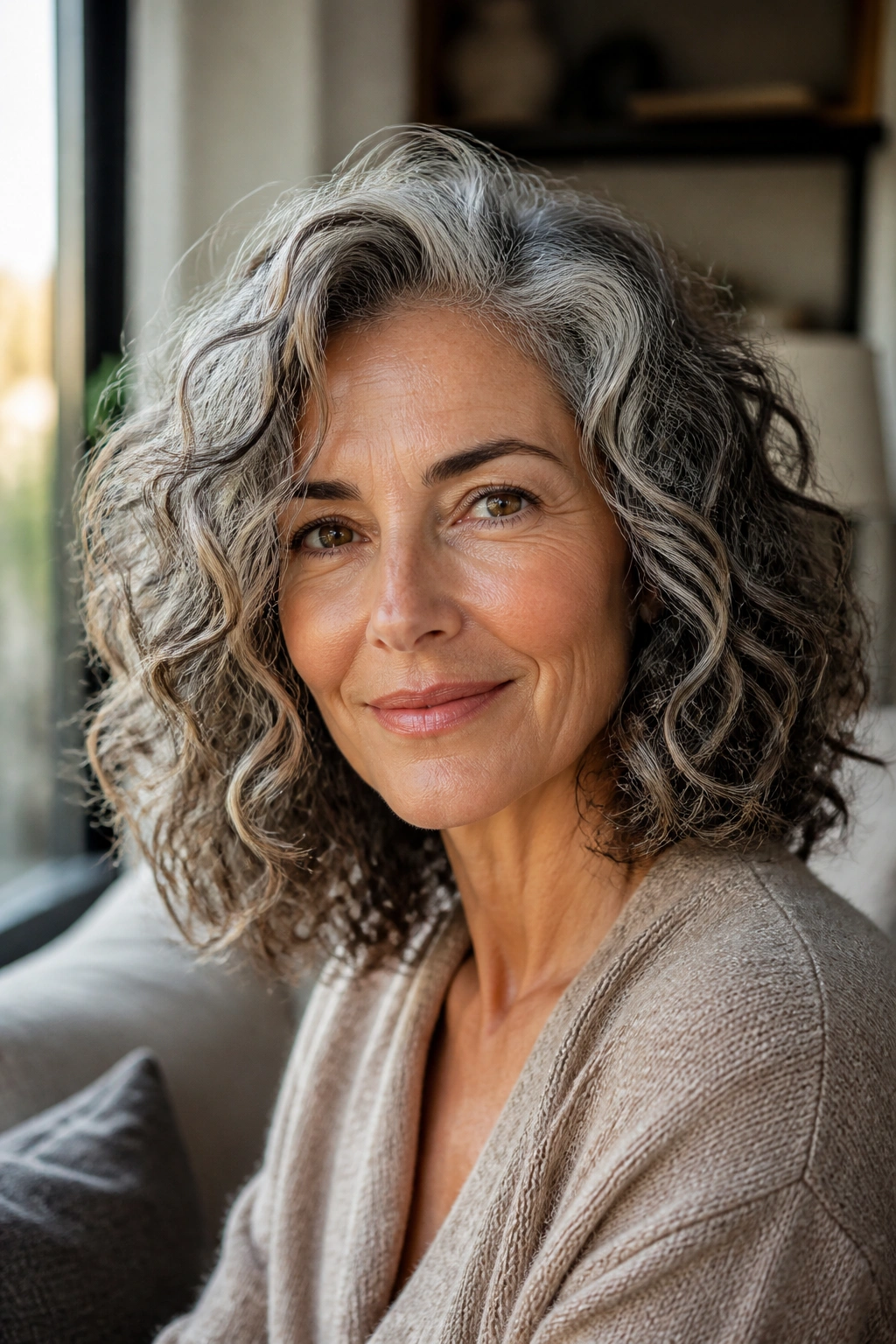 Close-up of a real woman with shoulder-length curly lob and diffused crown volume in natural window light