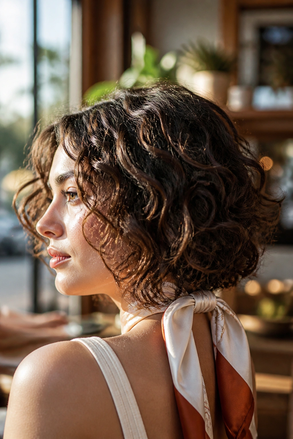 Close-up of a real woman with a curly lob and scarf tie