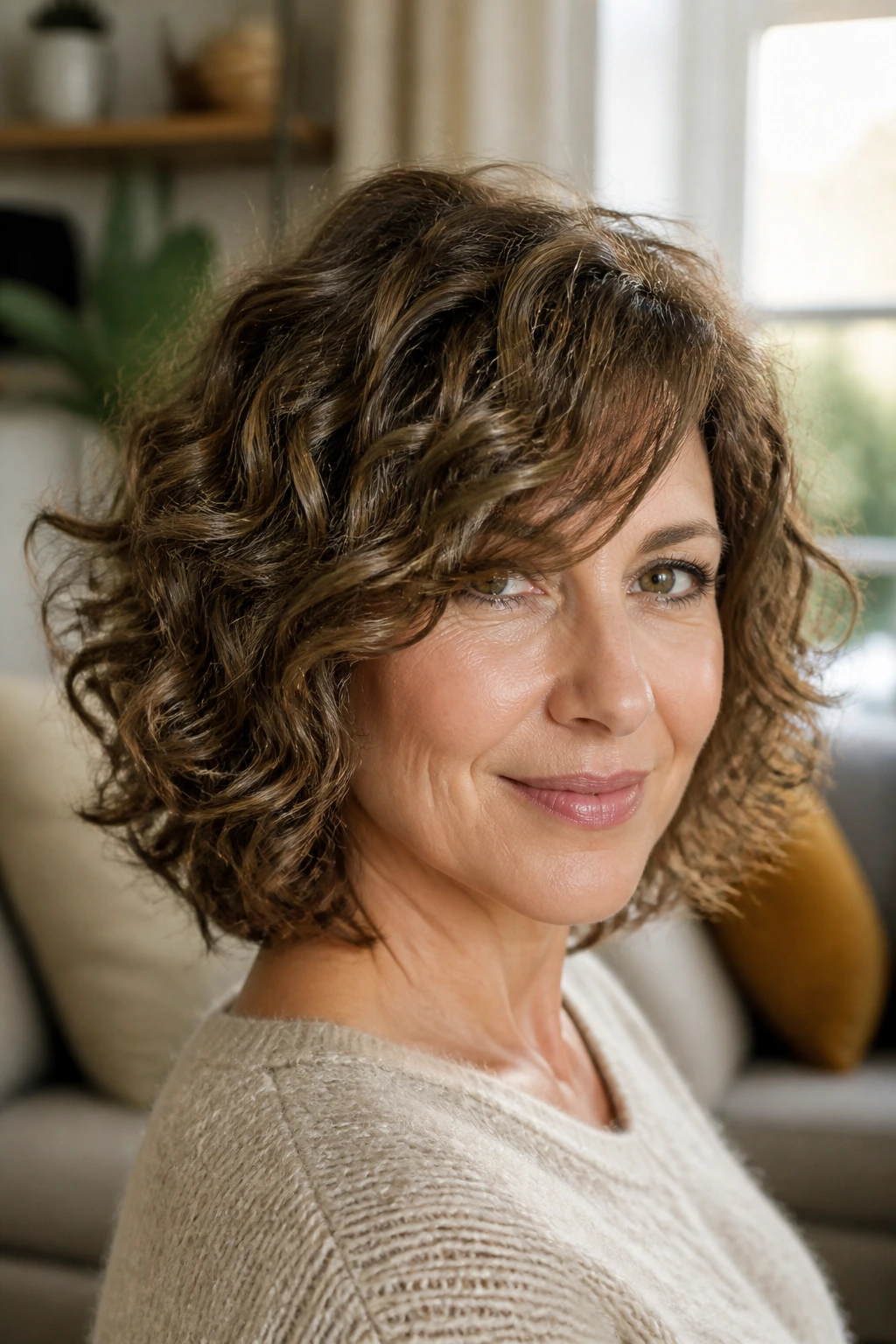 Real woman with curly lob and side fringe in natural light