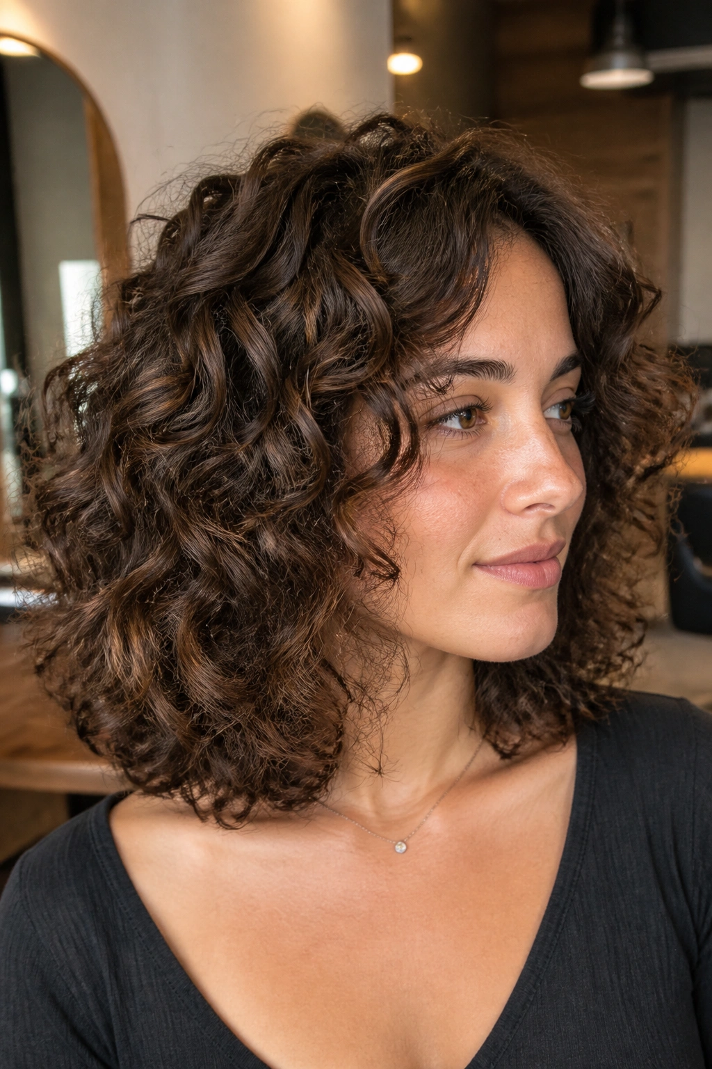 Close-up of a real person with thick curly hair showing internal-layered lob