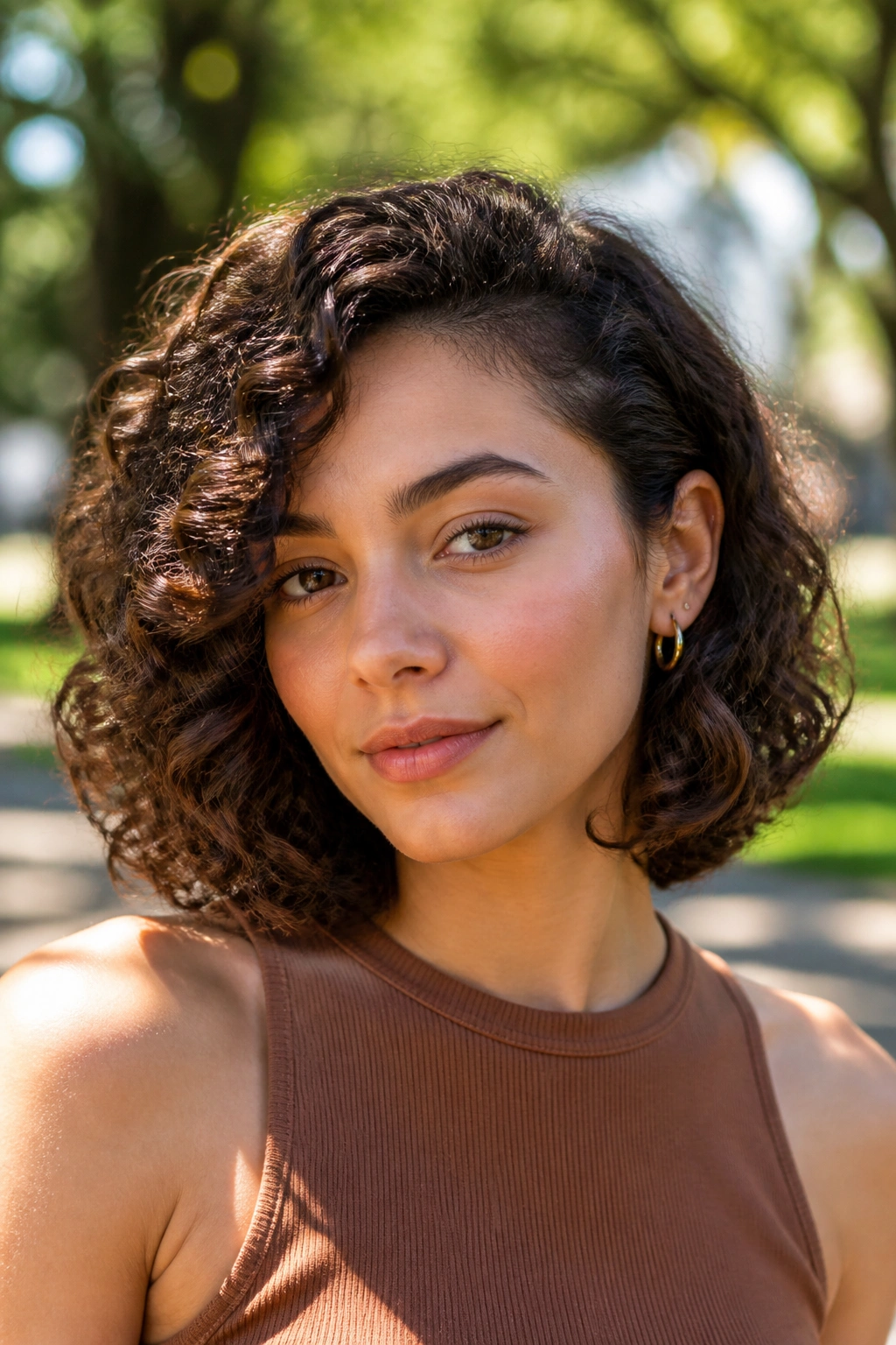 Close-up of real person with curly lob tucked ends in sunlit outdoor setting