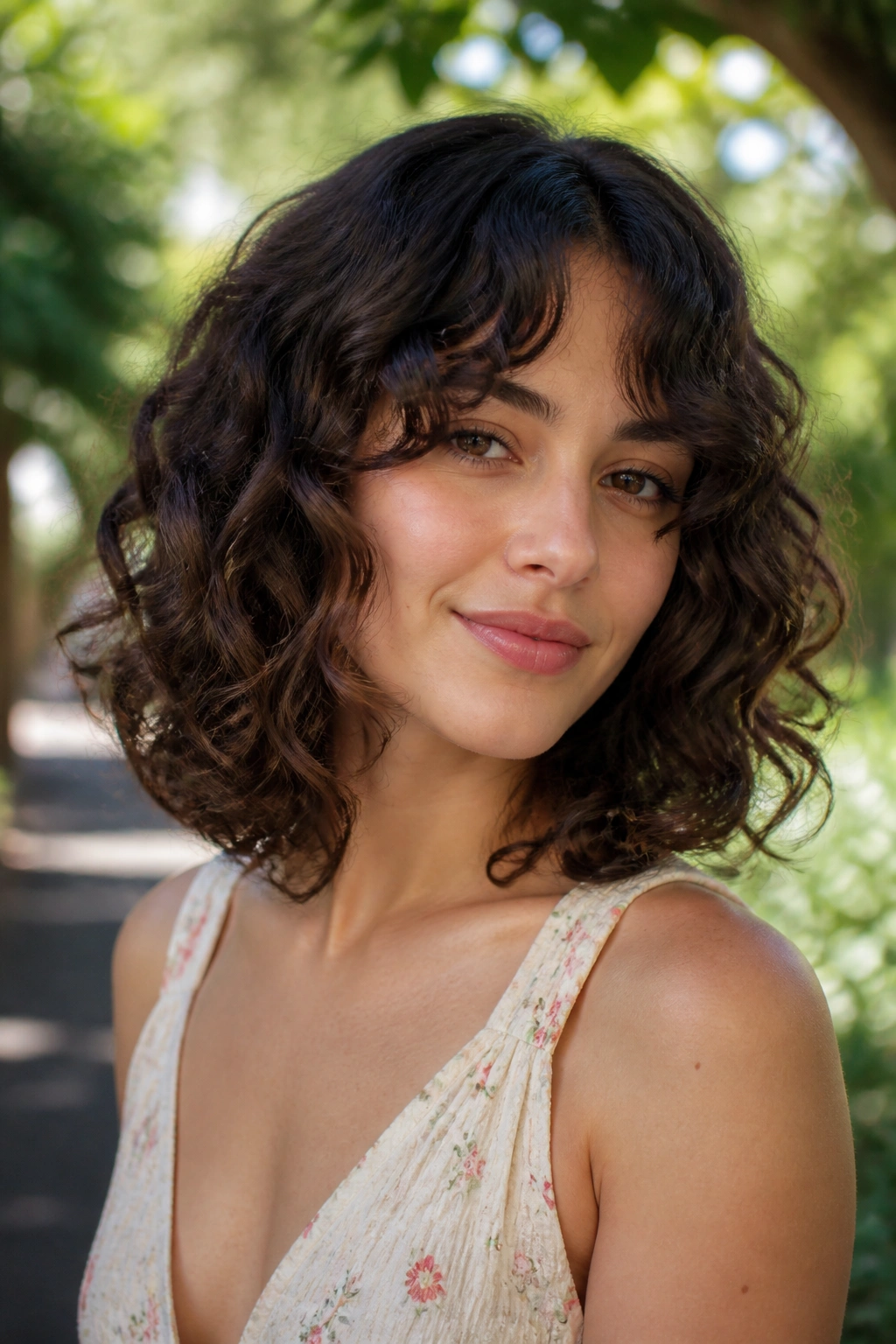 Close-up portrait of a real woman with a curly long bob and curtain bangs.