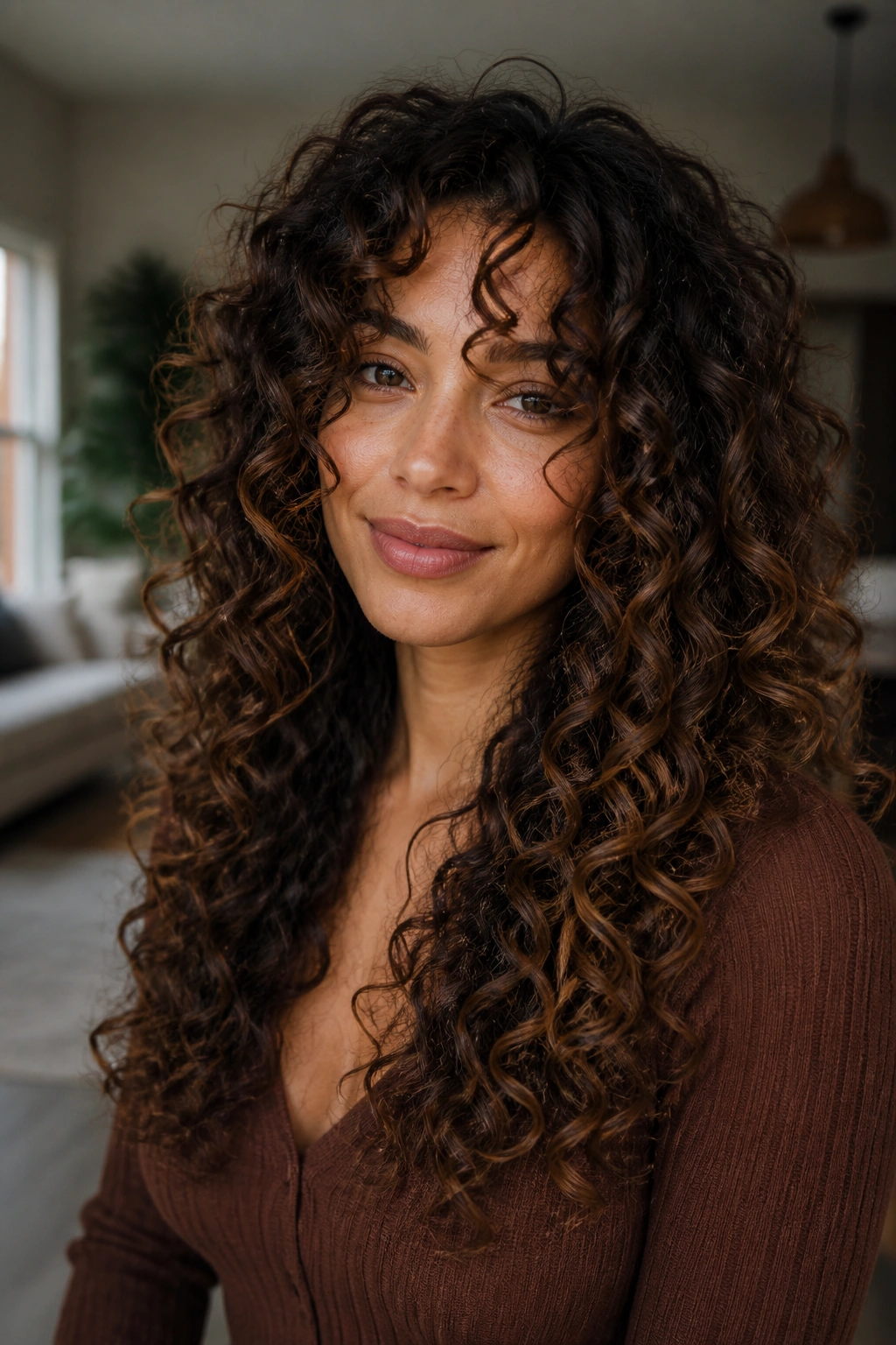 Close-up of long curly hair with layered pattern