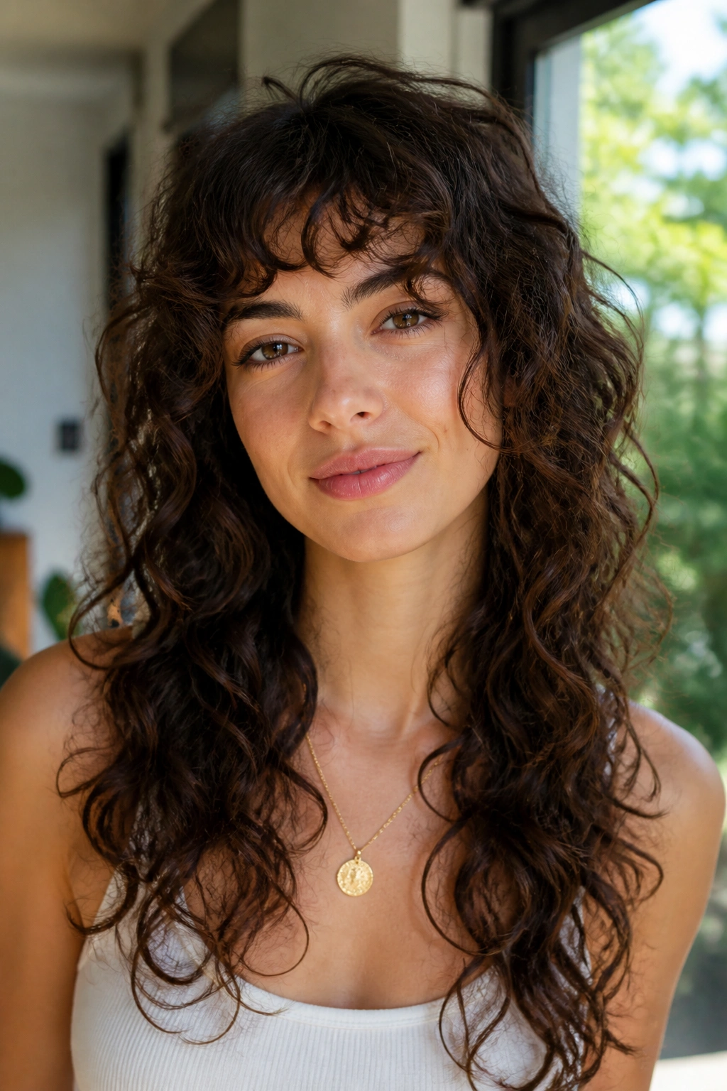 Portrait of a real person with curly long shag showing face-framing curls