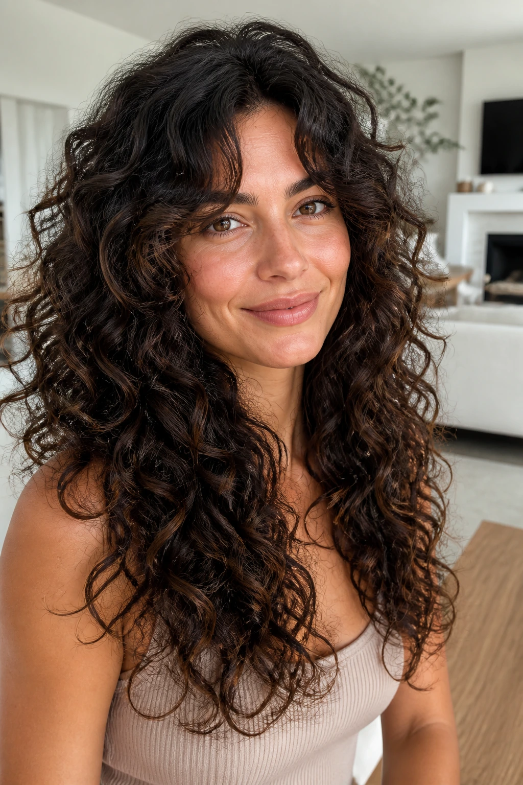 Portrait of a woman with curly long shag and invisible layers.